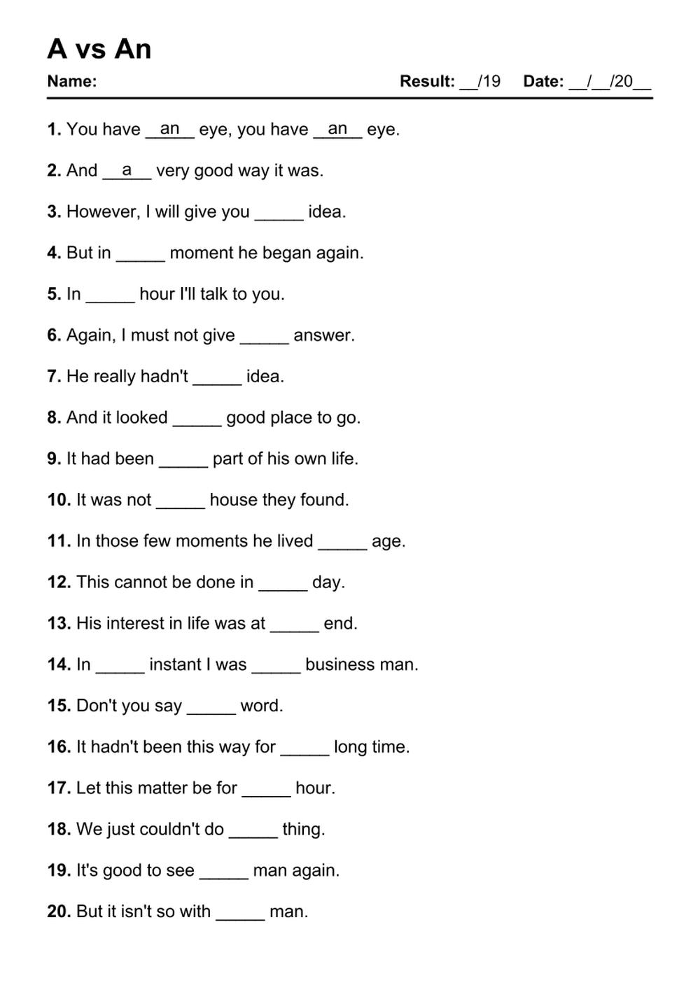 101 A Vs An PDF Worksheets With Answers 2143 Exercises Grammarism