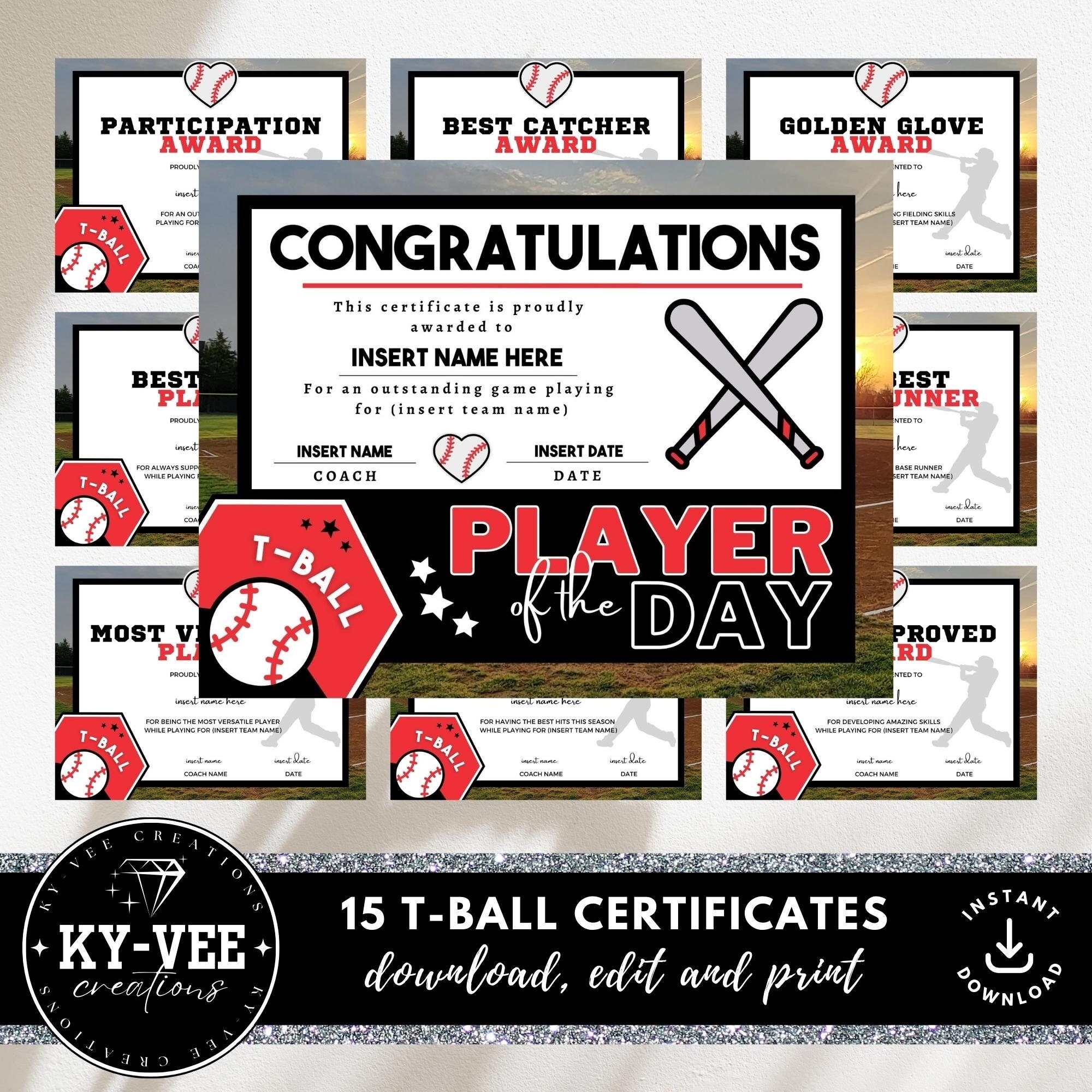 15 T Ball Certificate Templates INSTANT DOWNLOAD Editable T ball Awards Bundle Printable Team Recognition End Of The Season Sports Red Etsy