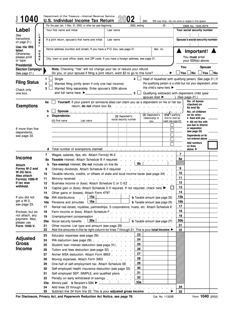 2002 Form IRS 1040 Fill Online Printable Fillable Blank PdfFiller