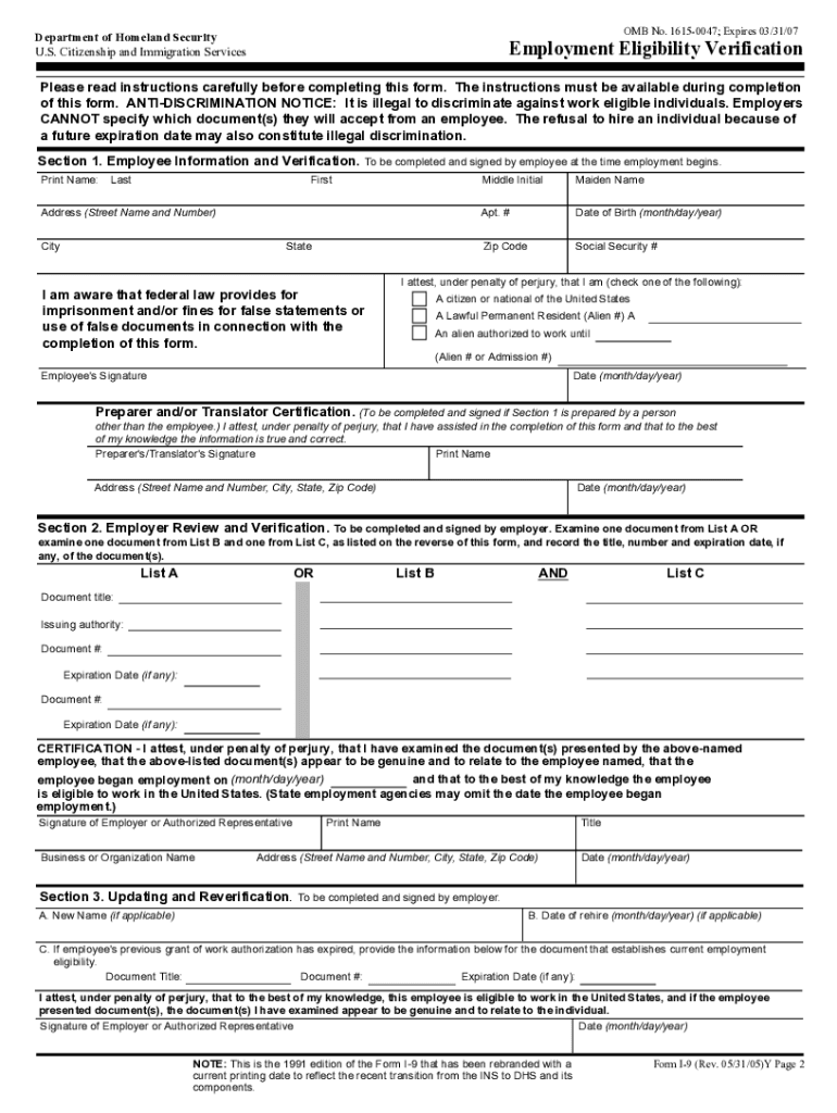 2005 Form USCIS I 9 Fill Online Printable Fillable Blank PdfFiller