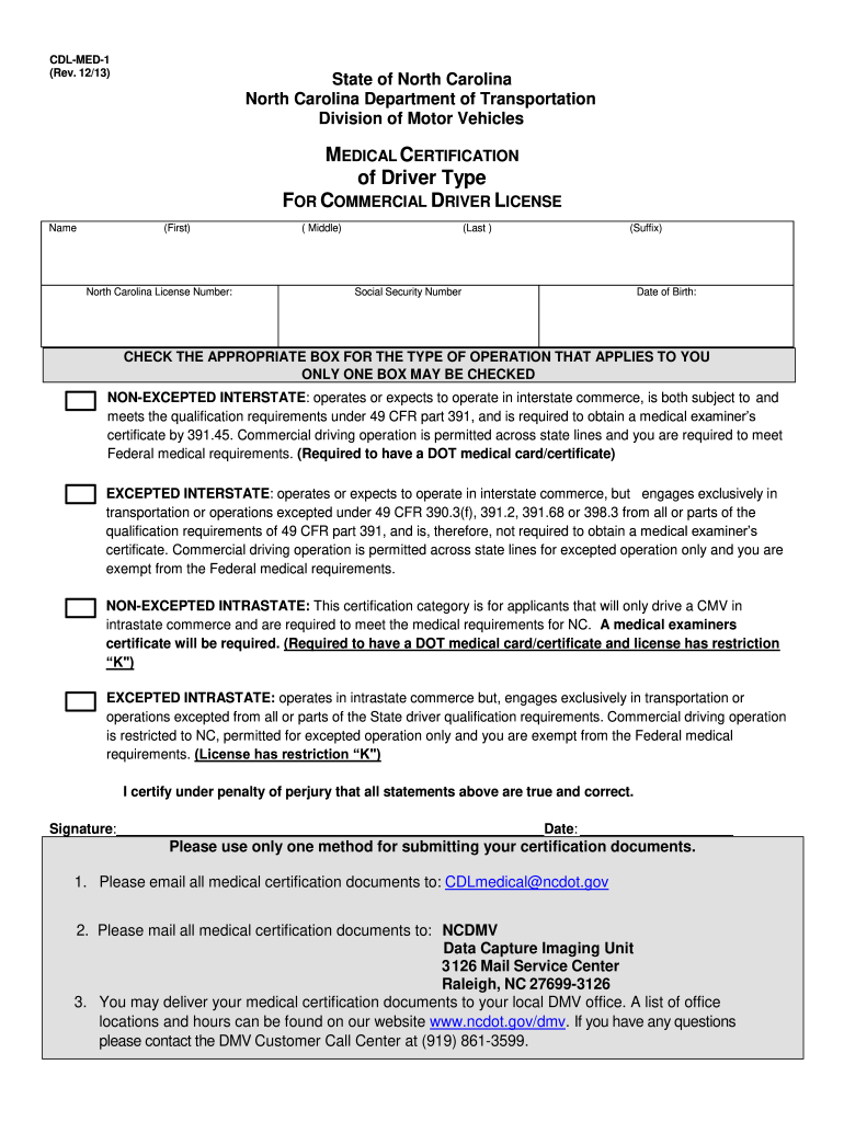 2013 2025 Form NC CDL MED 1 Fill Online Printable Fillable Blank PdfFiller