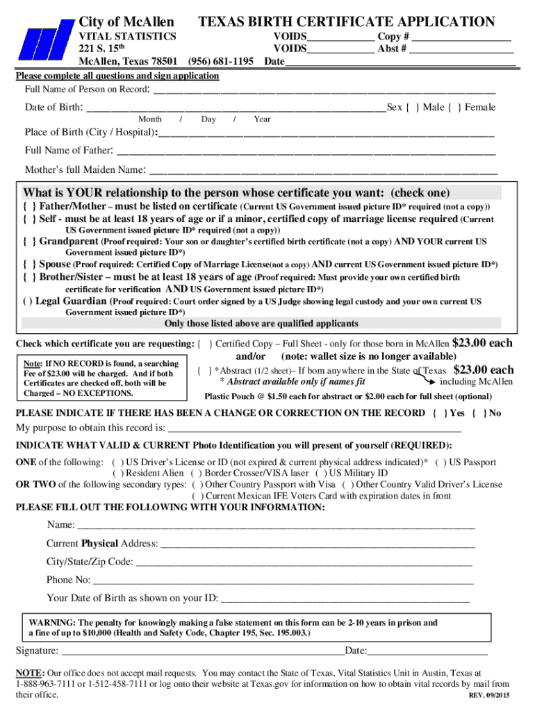 2015 2025 Form TX Birth Certificate Application McAllen City Fill Online Printable Fillable Blank PdfFiller