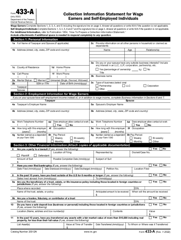 2022 2025 Form IRS 433 A Fill Online Printable Fillable Blank PdfFiller