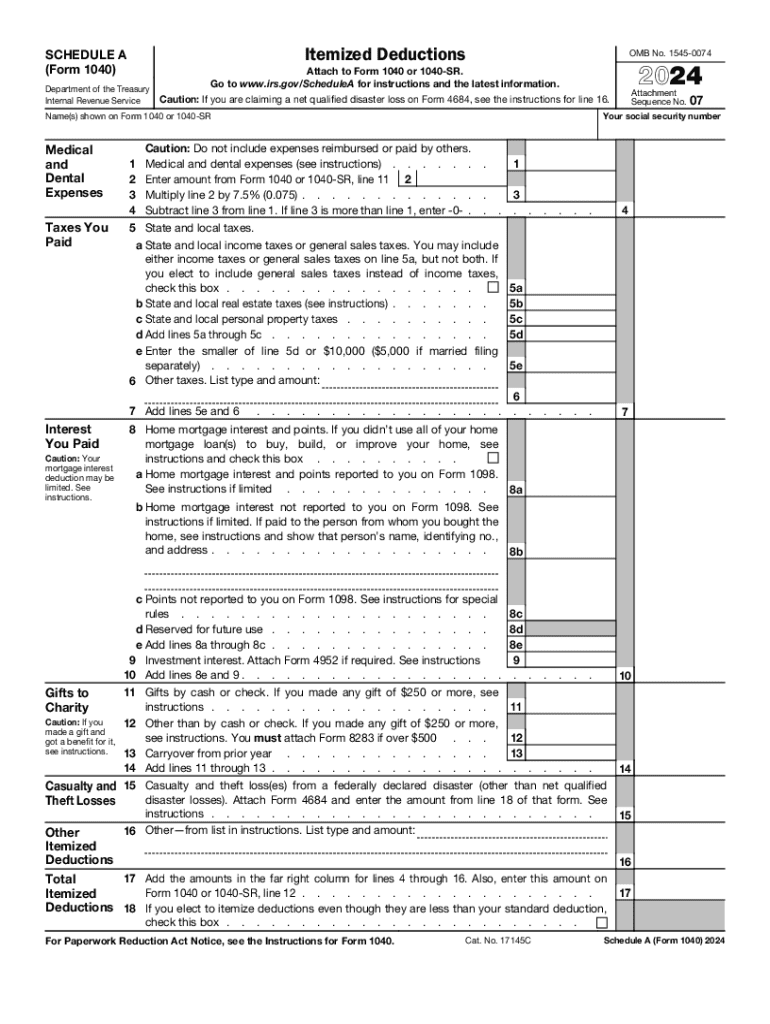 2024 Form IRS 1040 Schedule A Fill Online Printable Fillable Blank PdfFiller