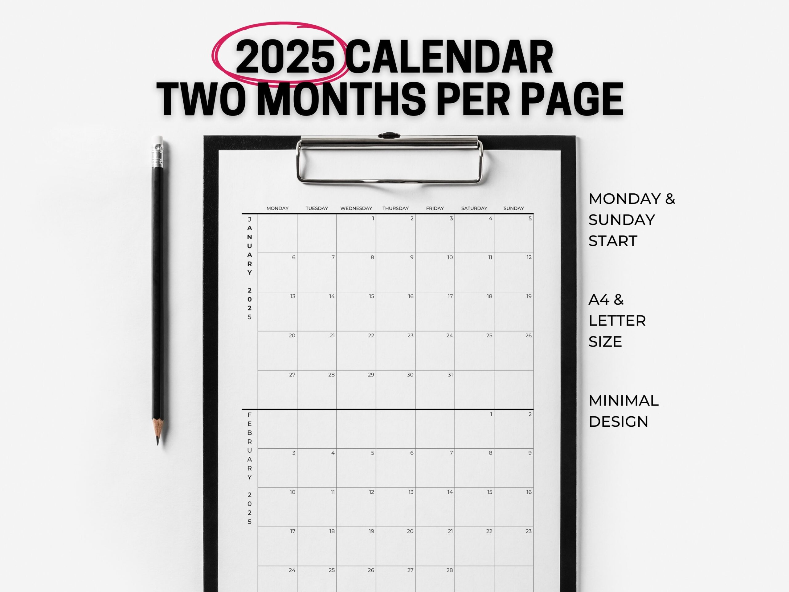 2025 Calendar 2 Months Per Page Minimalist Calendar Printable PDF Instant Download Etsy