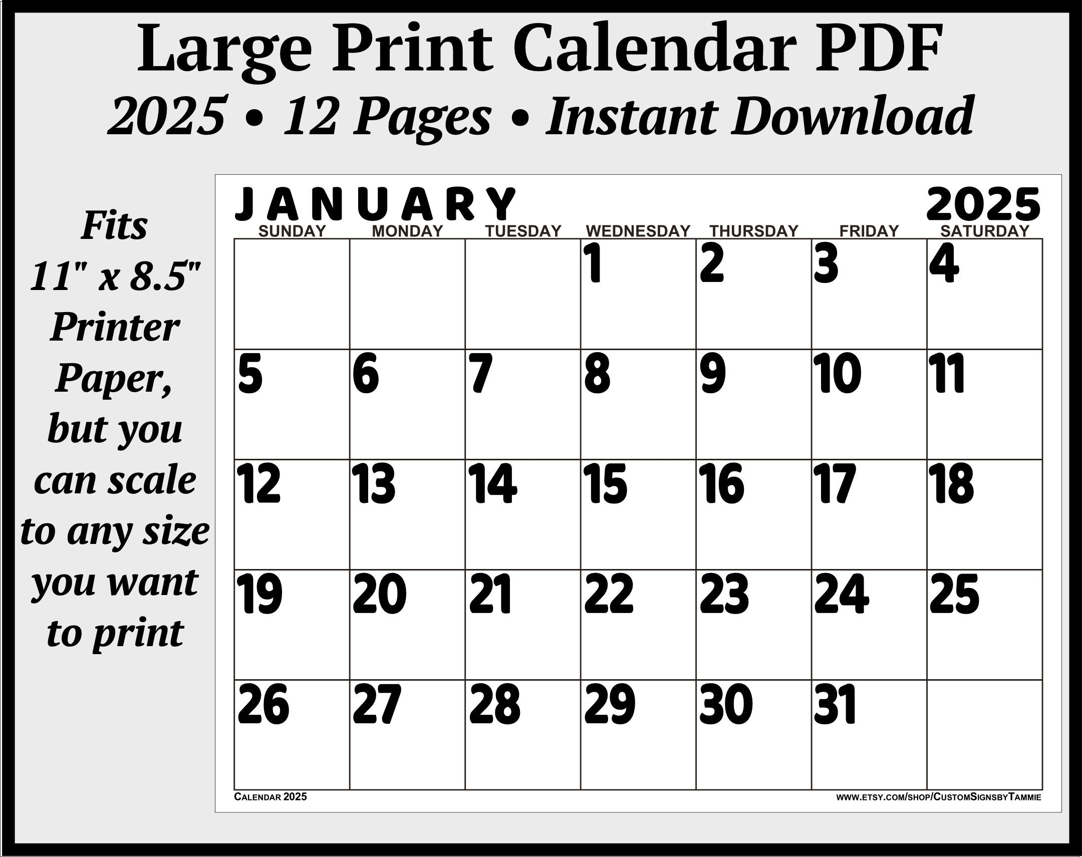 2025 Calendar PDF With Large Print Big Bold Numbers Instant Digital Download Etsy