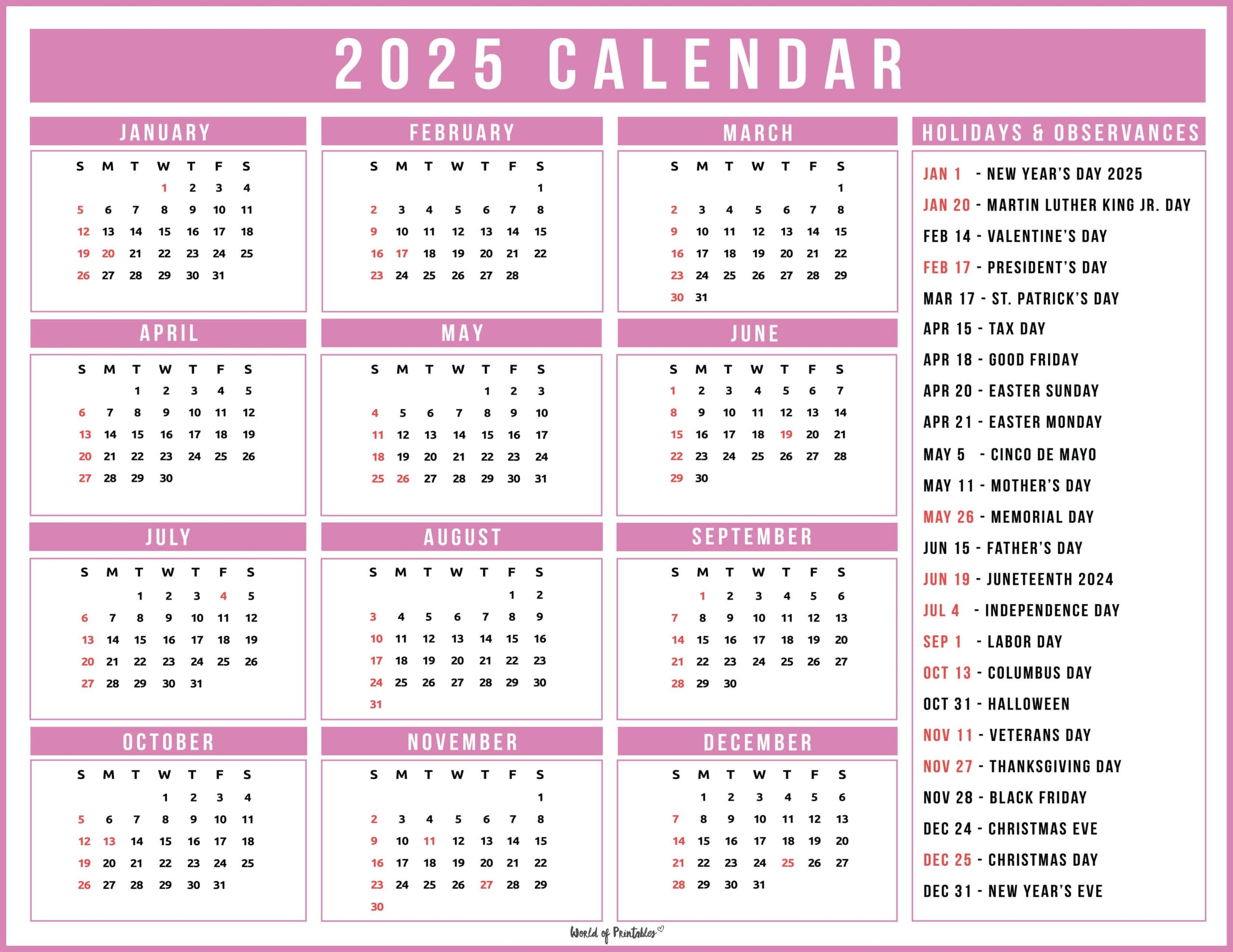 Printable And Customizable Calendars 2025 With Holidays