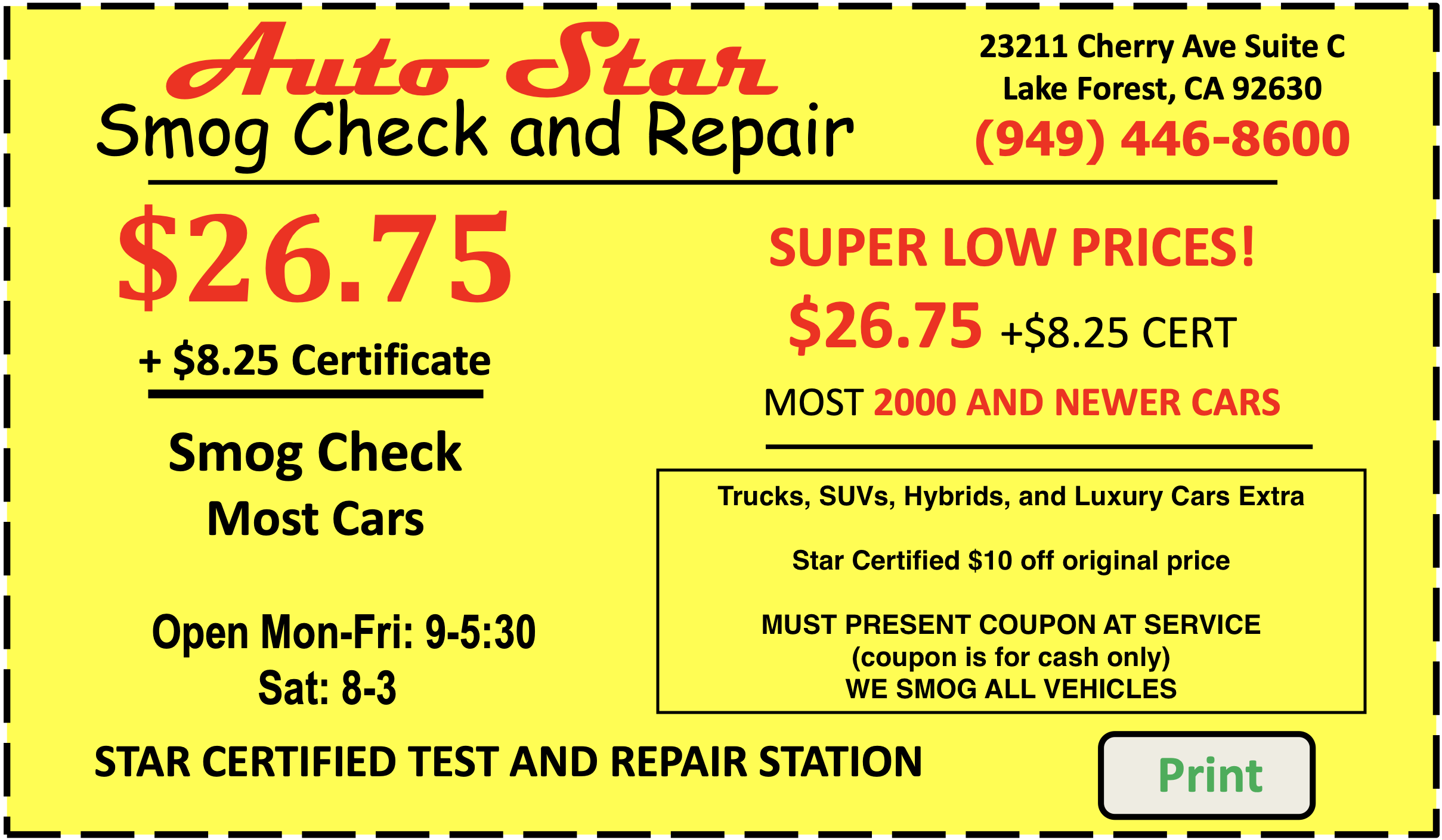 26 75 Pass Or Free Retest Auto Star Smog Check And Repair