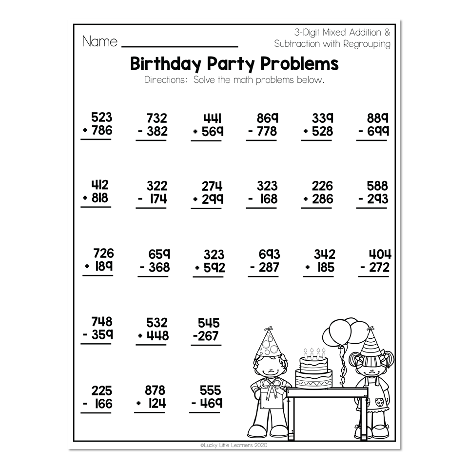 2nd Grade Math Worksheets 3 Digit Mixed Addition And Subtraction With Regrouping Birthday Party Problems Lucky Little Learners