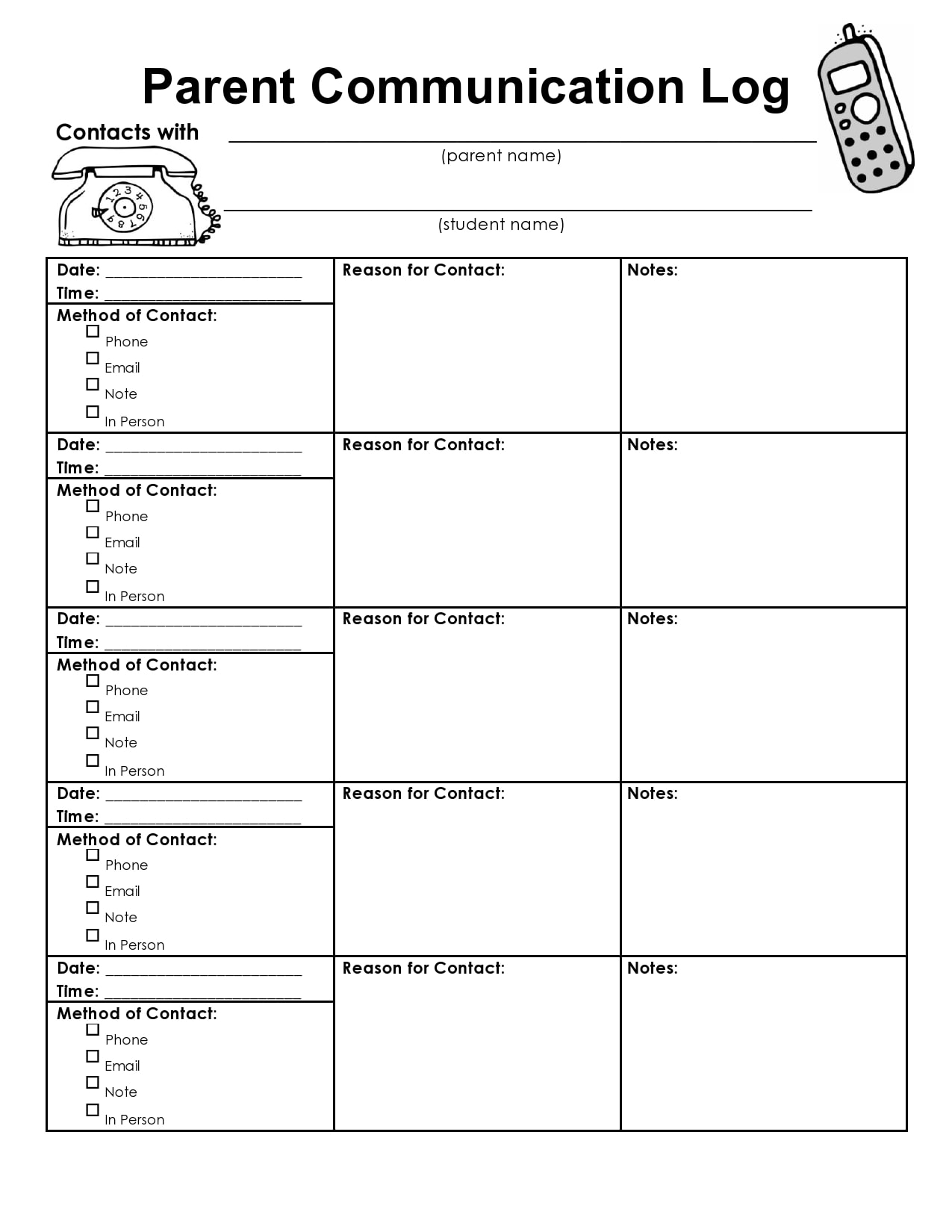 30 Parent Communication Log Contact Log Templates