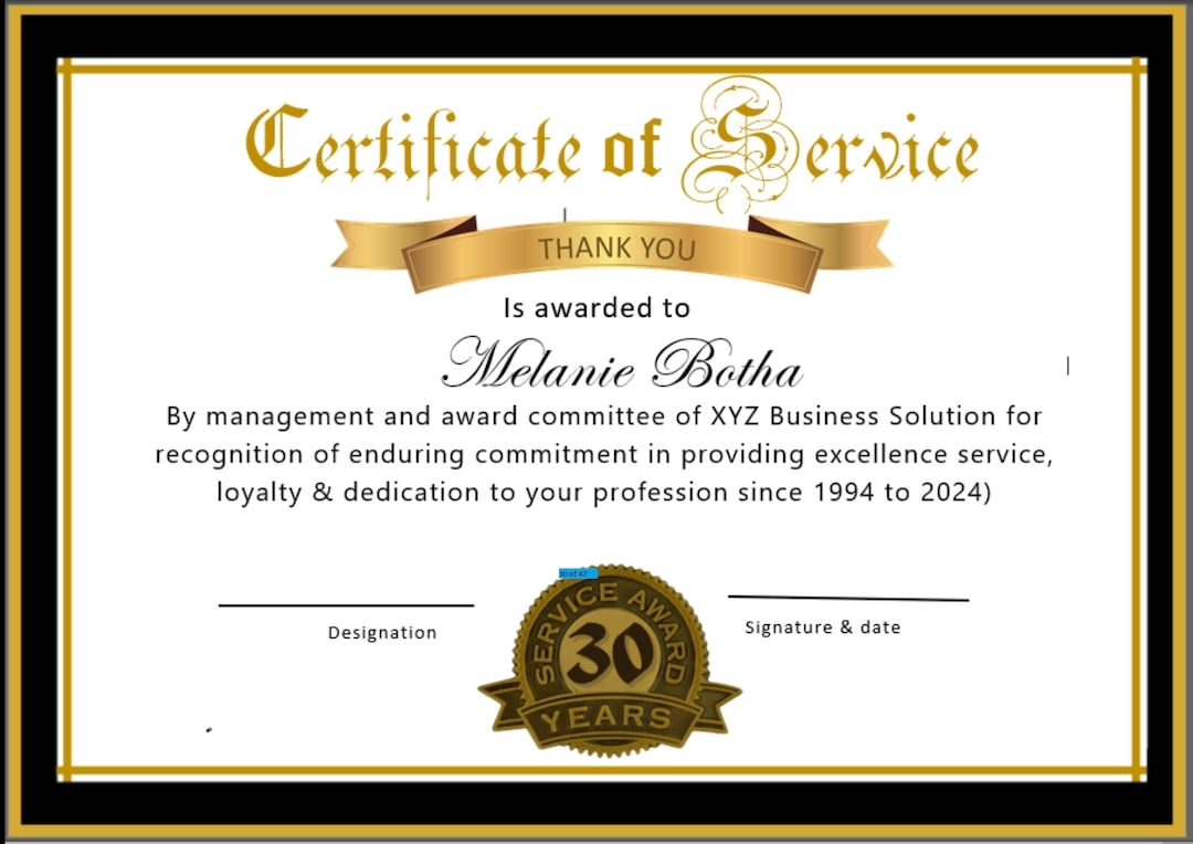 30 Years Service Award Certificate Template In Ms Word Etsy