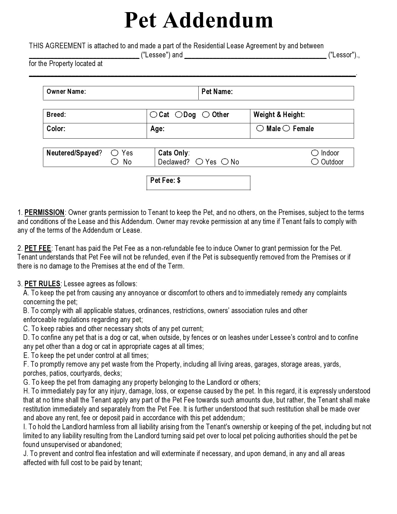 39 Free Pet Addendum Forms To Rental Agreement DOC PDF 