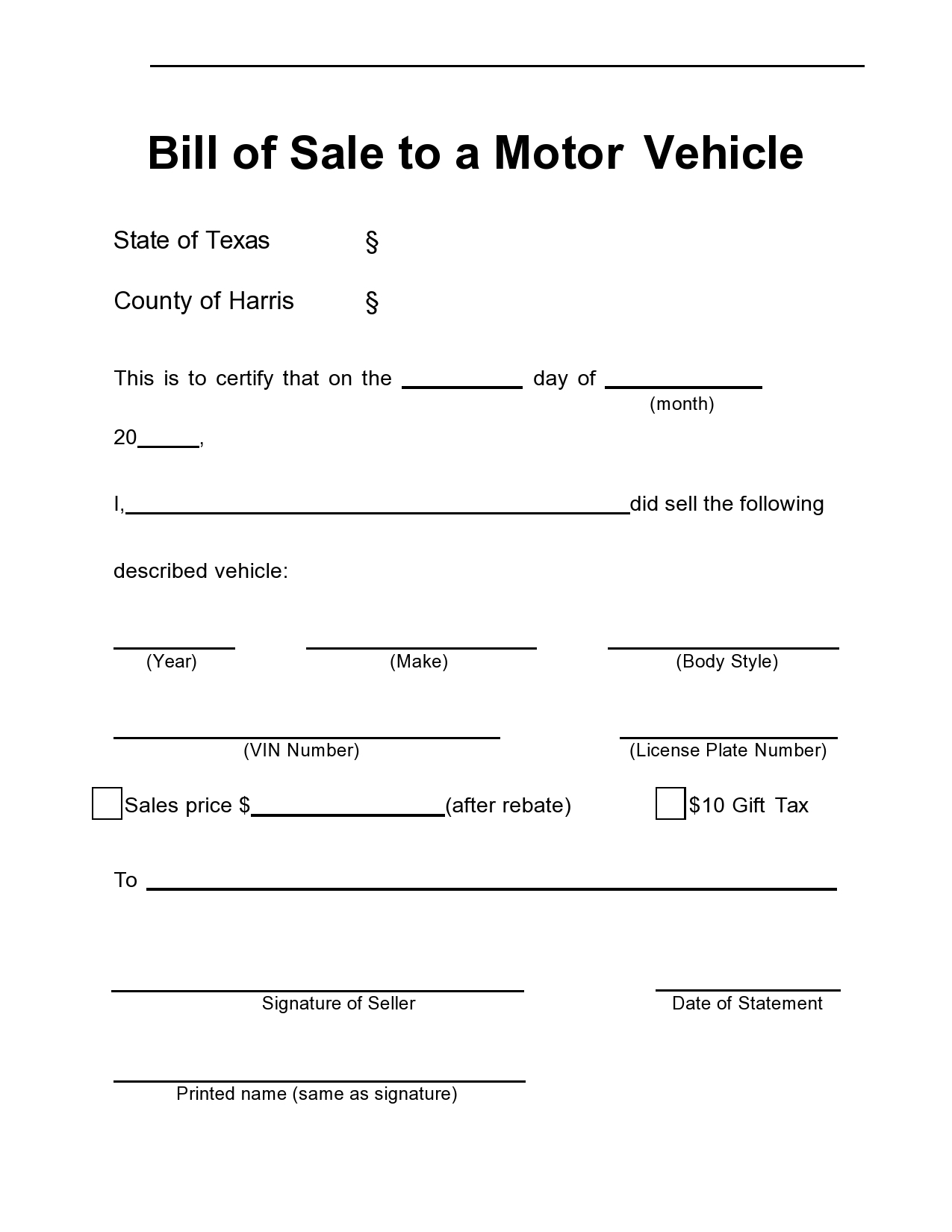 Free Printable Bill Of Sale Vehicle