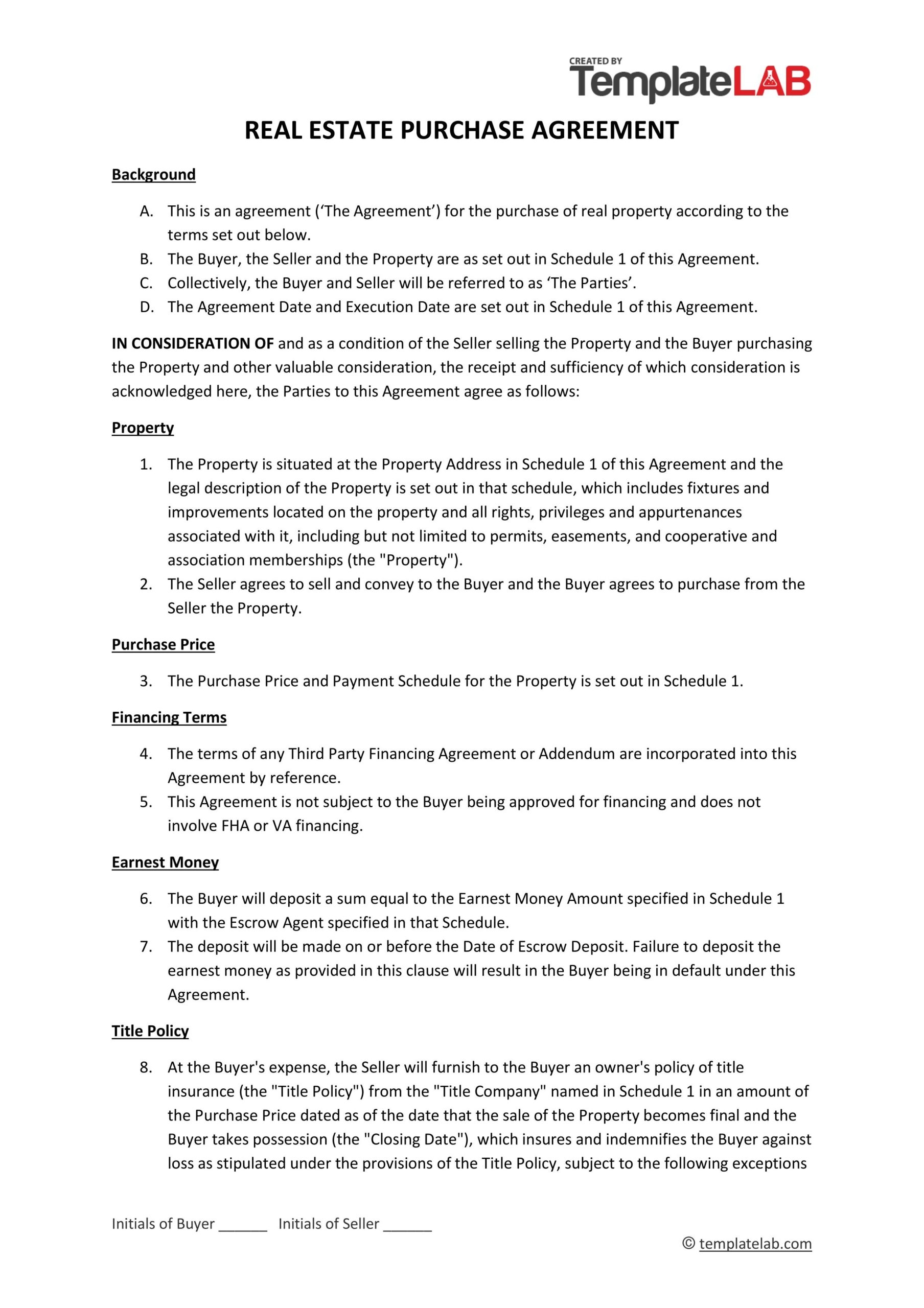 Property Purchase Free Printable Real Estate Purchase Agreement