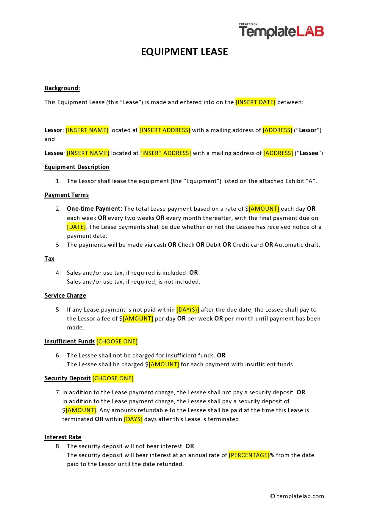 Free Printable Equipment Lease Agreement