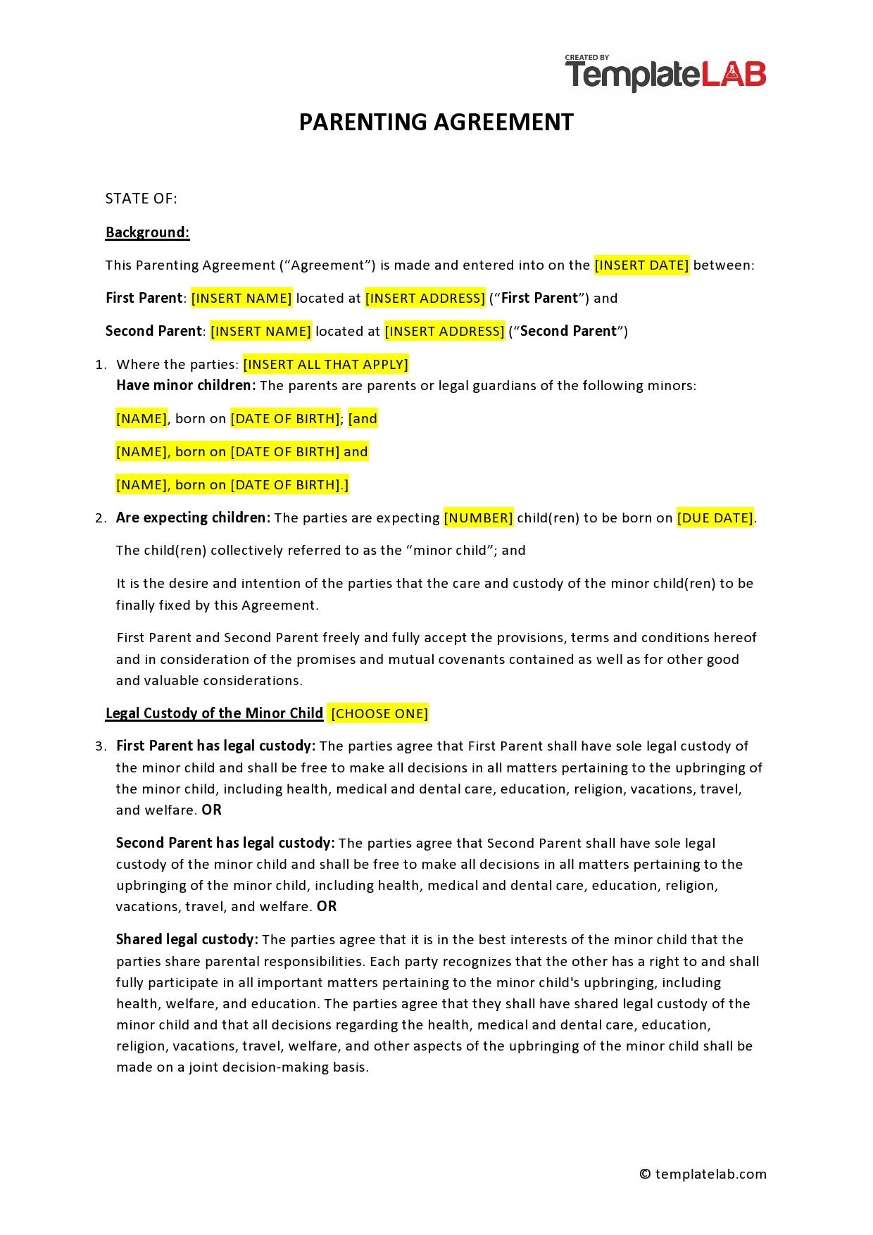 Free Printable Parenting Plan Forms For Massachusetts