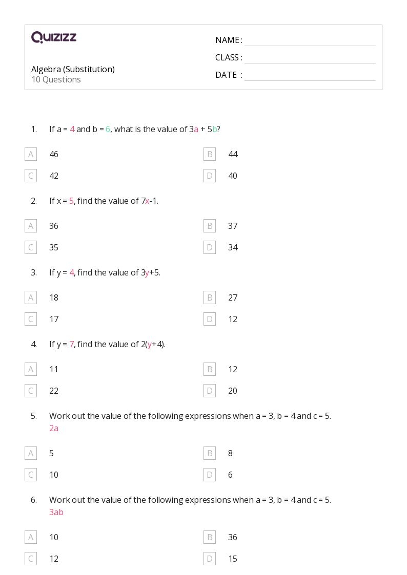 Printable Variable Substitution Worksheets