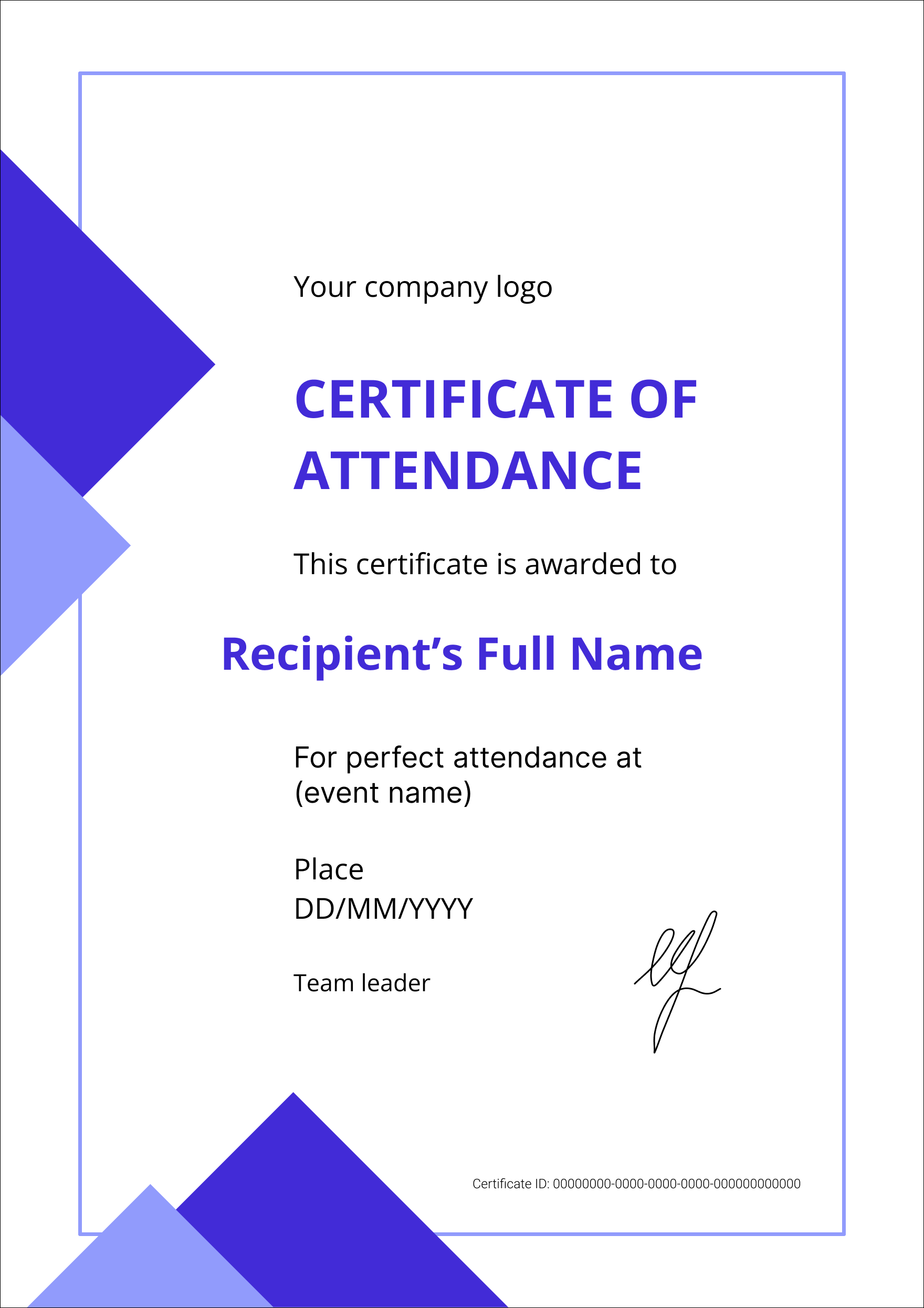 Printable Free Perfect Attendance Certificate Word Template