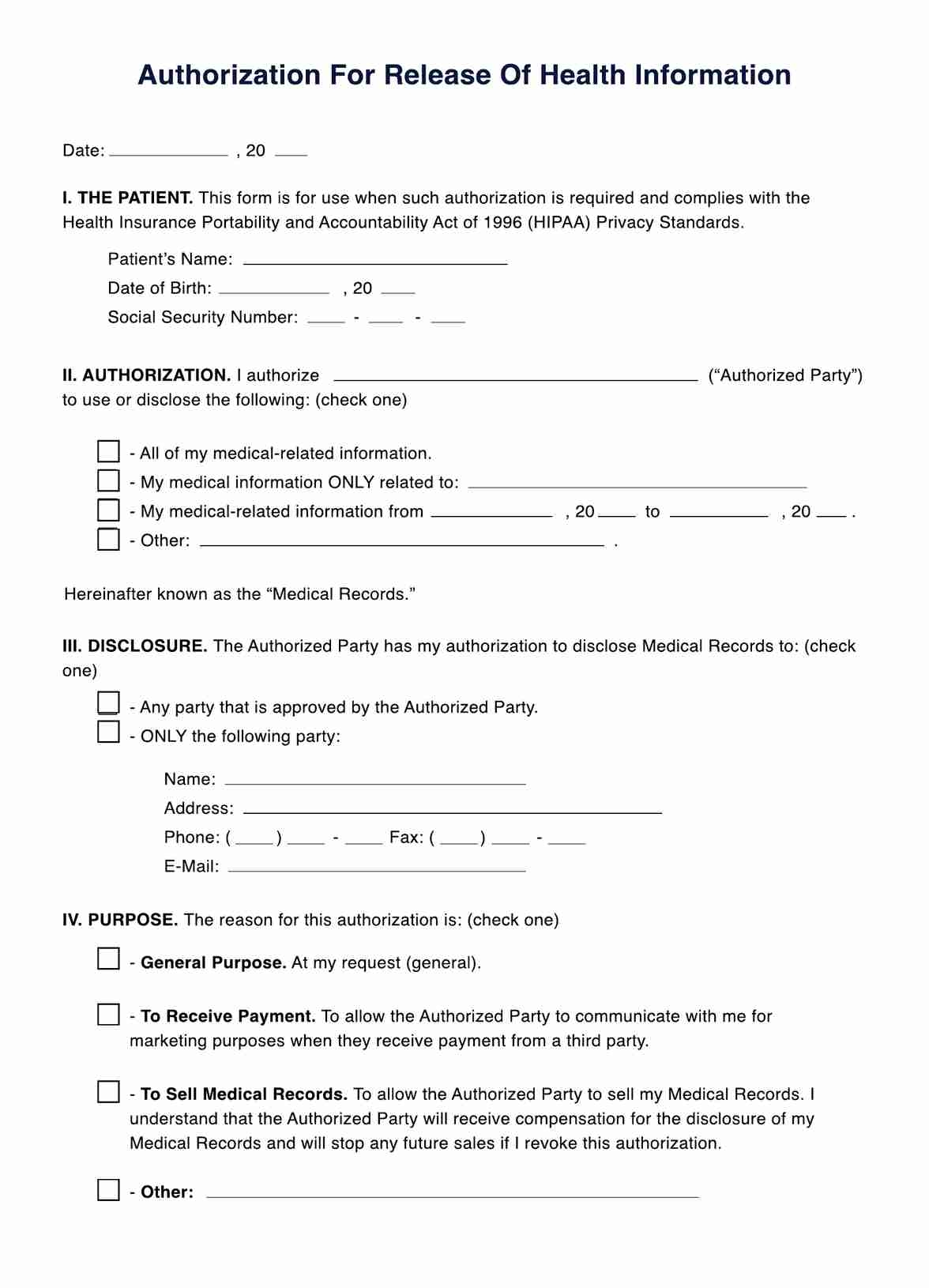 Medical Release Of Information Form Free Printable