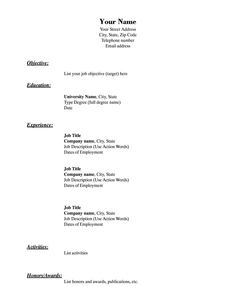 Printable Resume Forms Blank