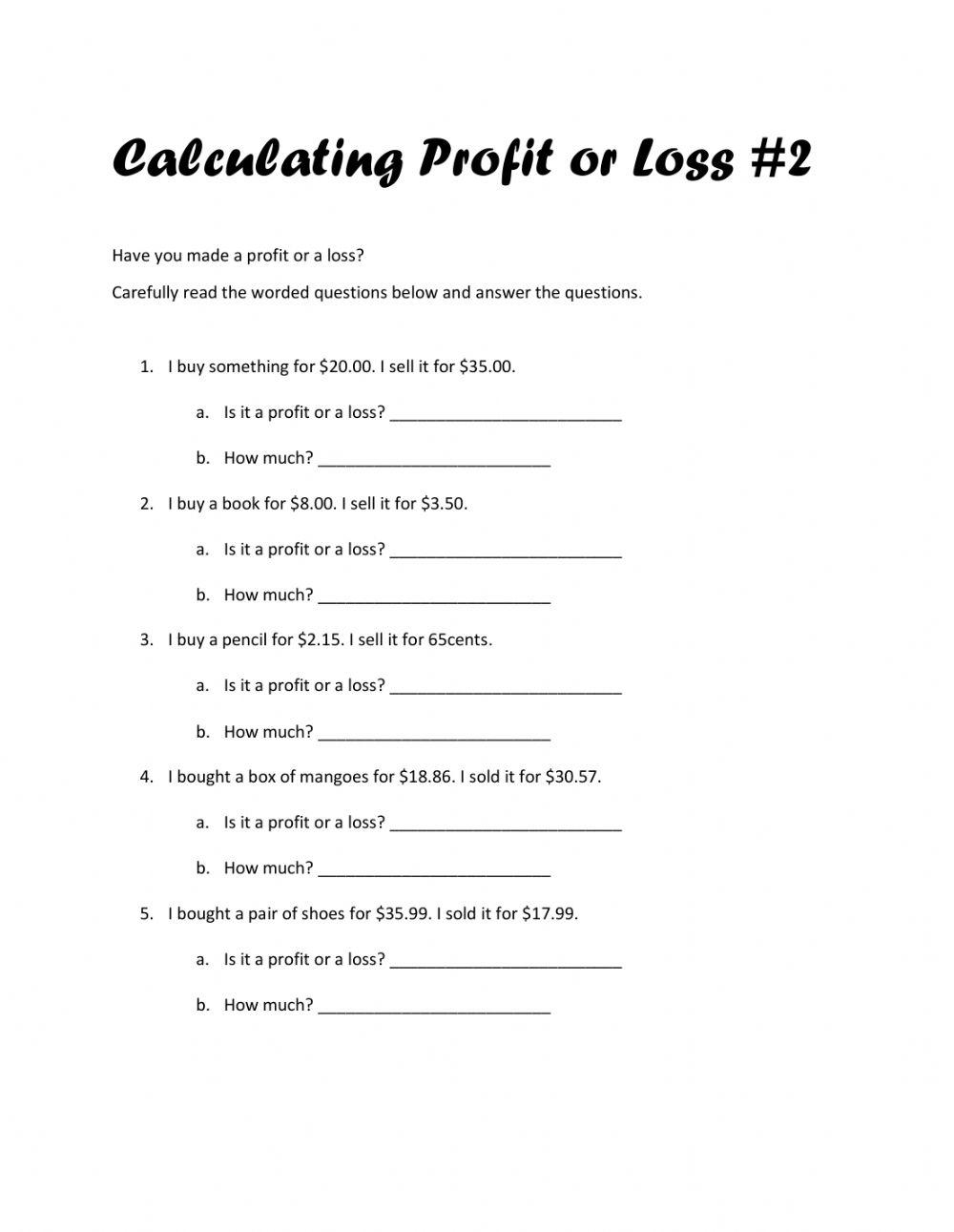 Printable Profit And Loss Worksheets For 8th Grade