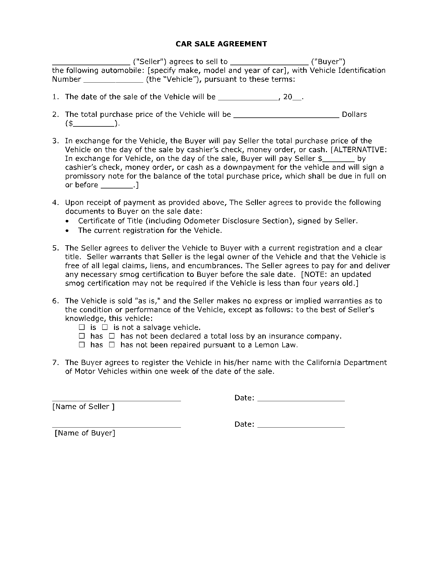 Free Printable Auto Sales Agreement