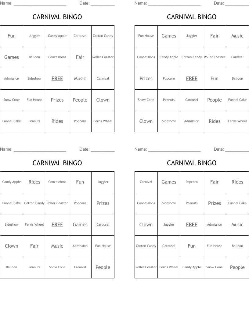 Free Printable Carnival Bingo Cards