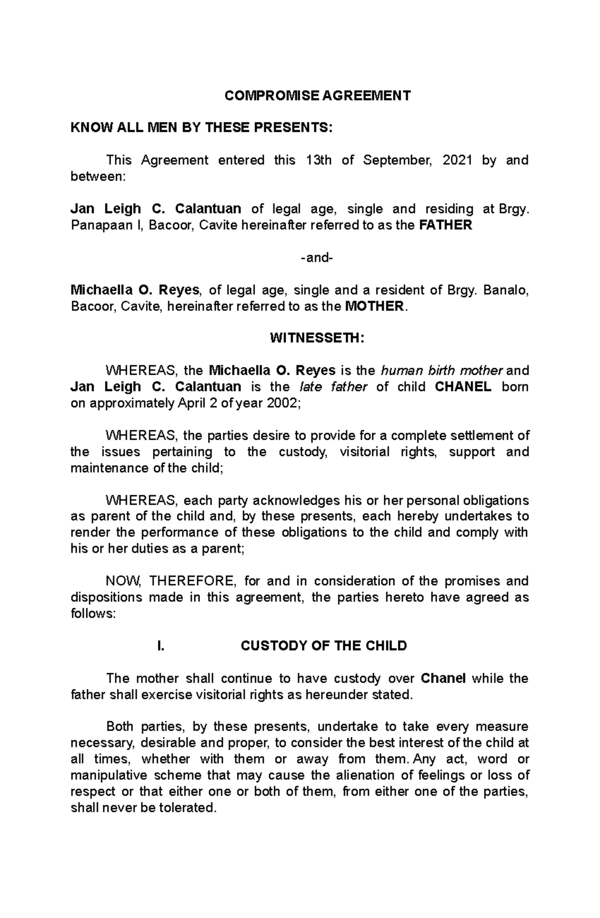 Child Support FORM COMPROMISE AGREEMENT KNOW ALL MEN BY THESE PRESENTS This Agreement Entered Studocu