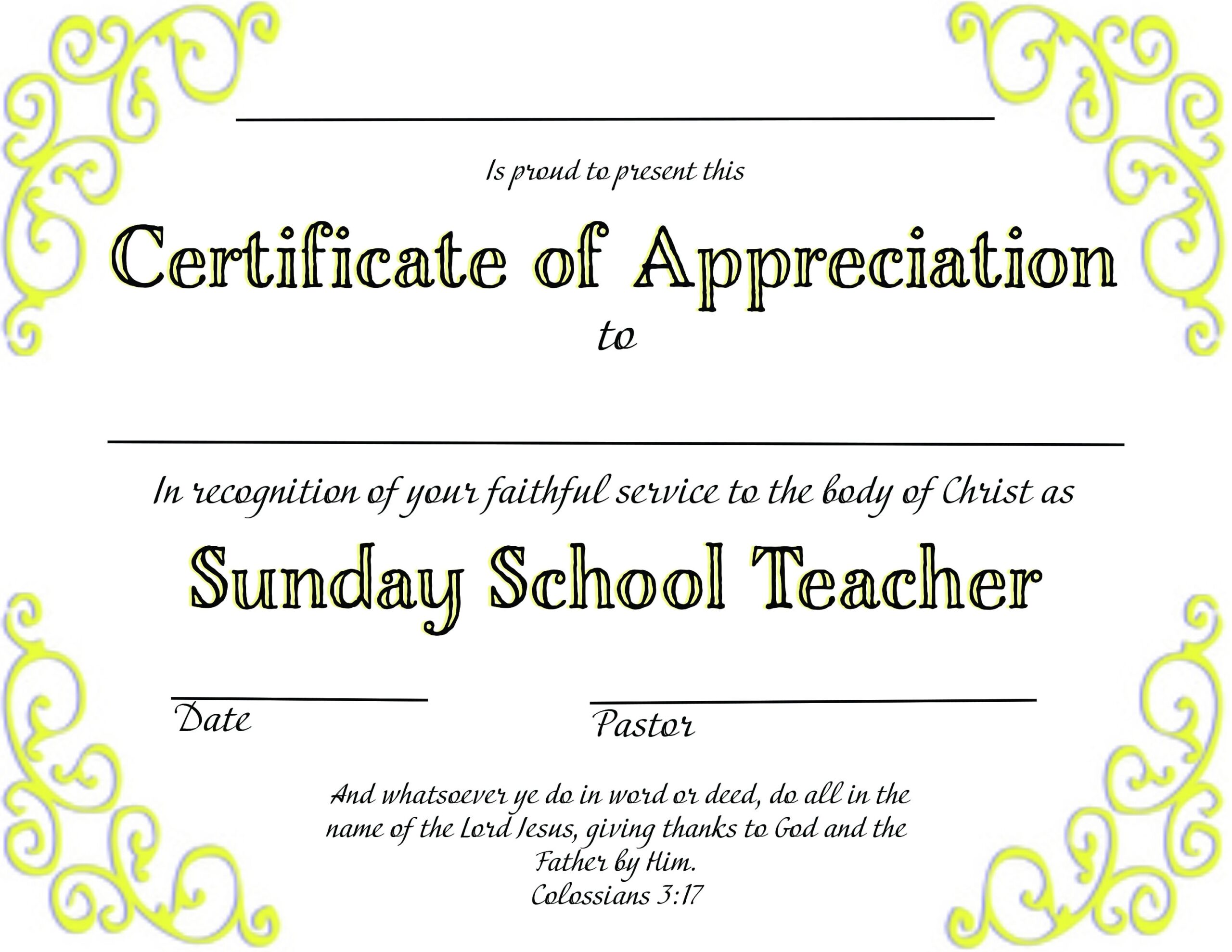 Christian Certificate Of Appreciation Sunday School Teacher Downloadable PDF Printable Customizable Etsy