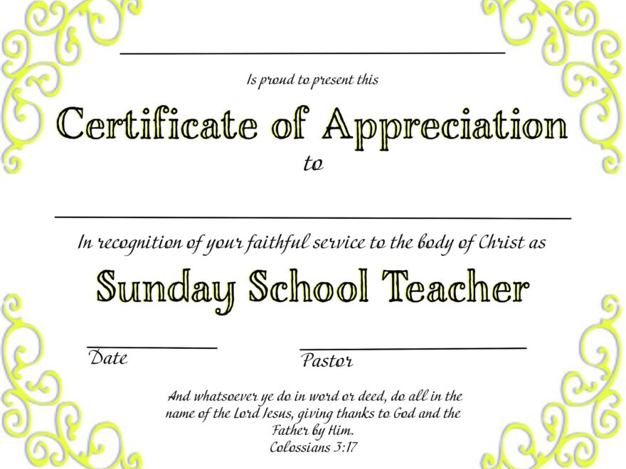 Christian Certificate Of Appreciation Sunday School Teacher Downloadable PDF Printable Customizable Etsy