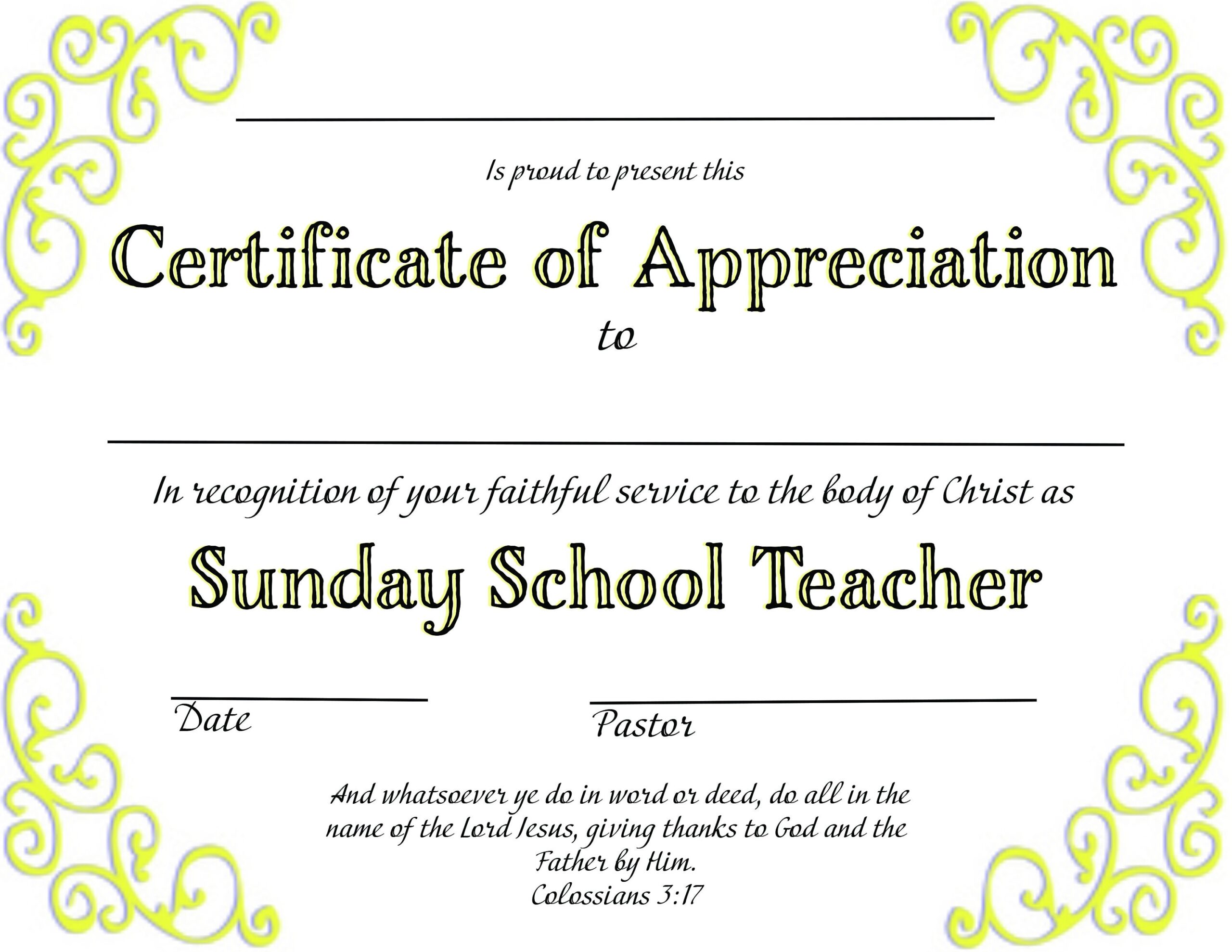 Christian Certificate Of Appreciation Sunday School Teacher Downloadable PDF Printable Customizable Etsy
