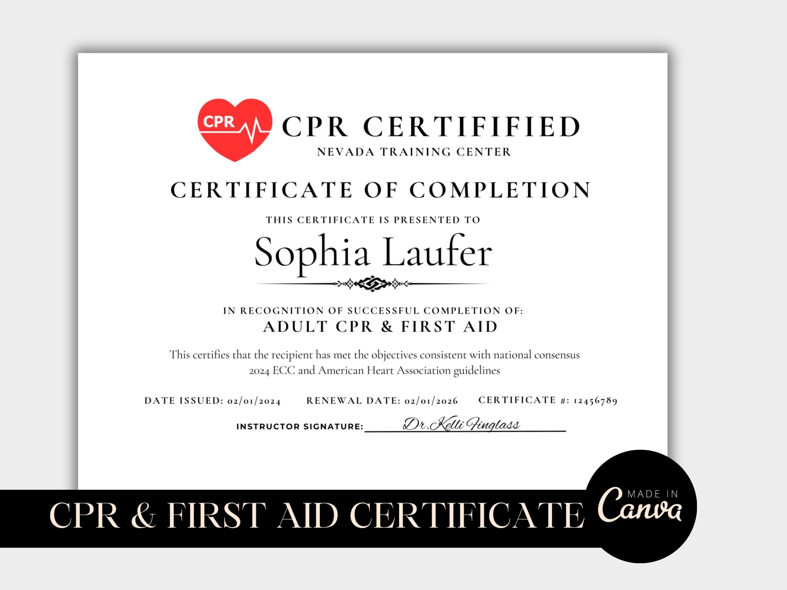 CPR Certificate Of Completion First Aid Certificate Template Editable Certificate Training Award Edit In Canva Etsy