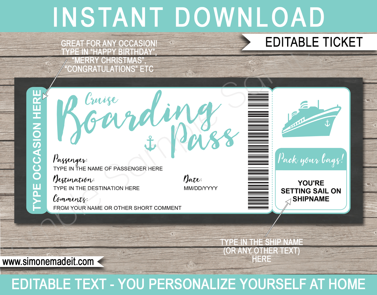 Cruise Boarding Pass Gift Voucher Template Printable Cruise Ticket