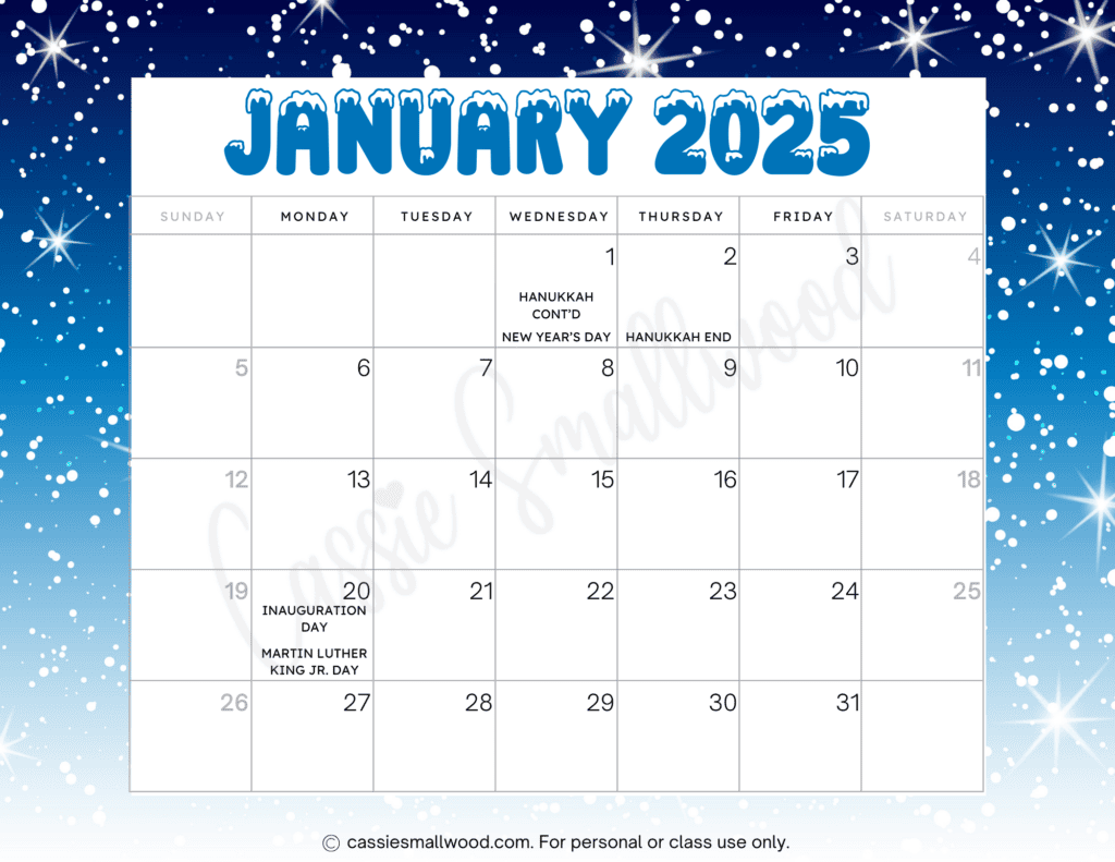 12 Month Free Printable 2025 Calendar With Holidays