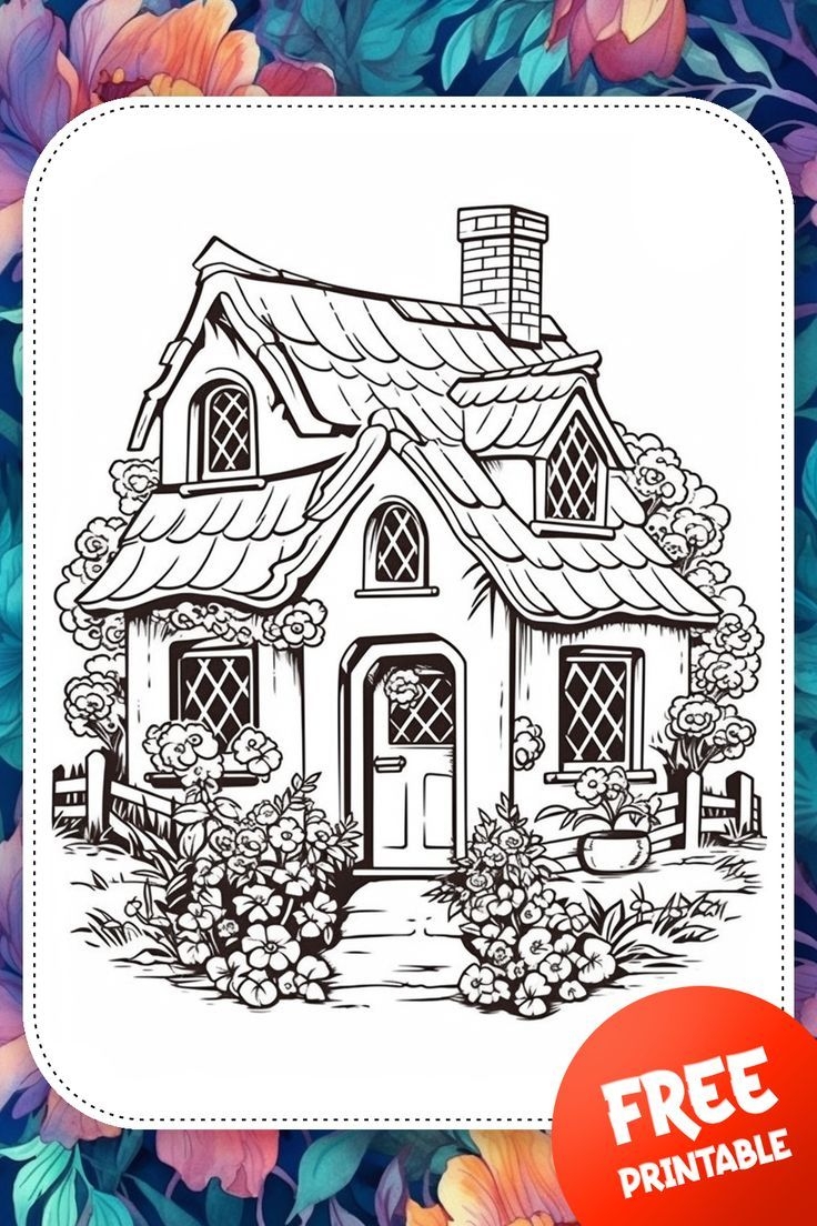 Cute Fairy Country Cottage House Whimsical Illustration Coloring Page For Adults Printable PDF