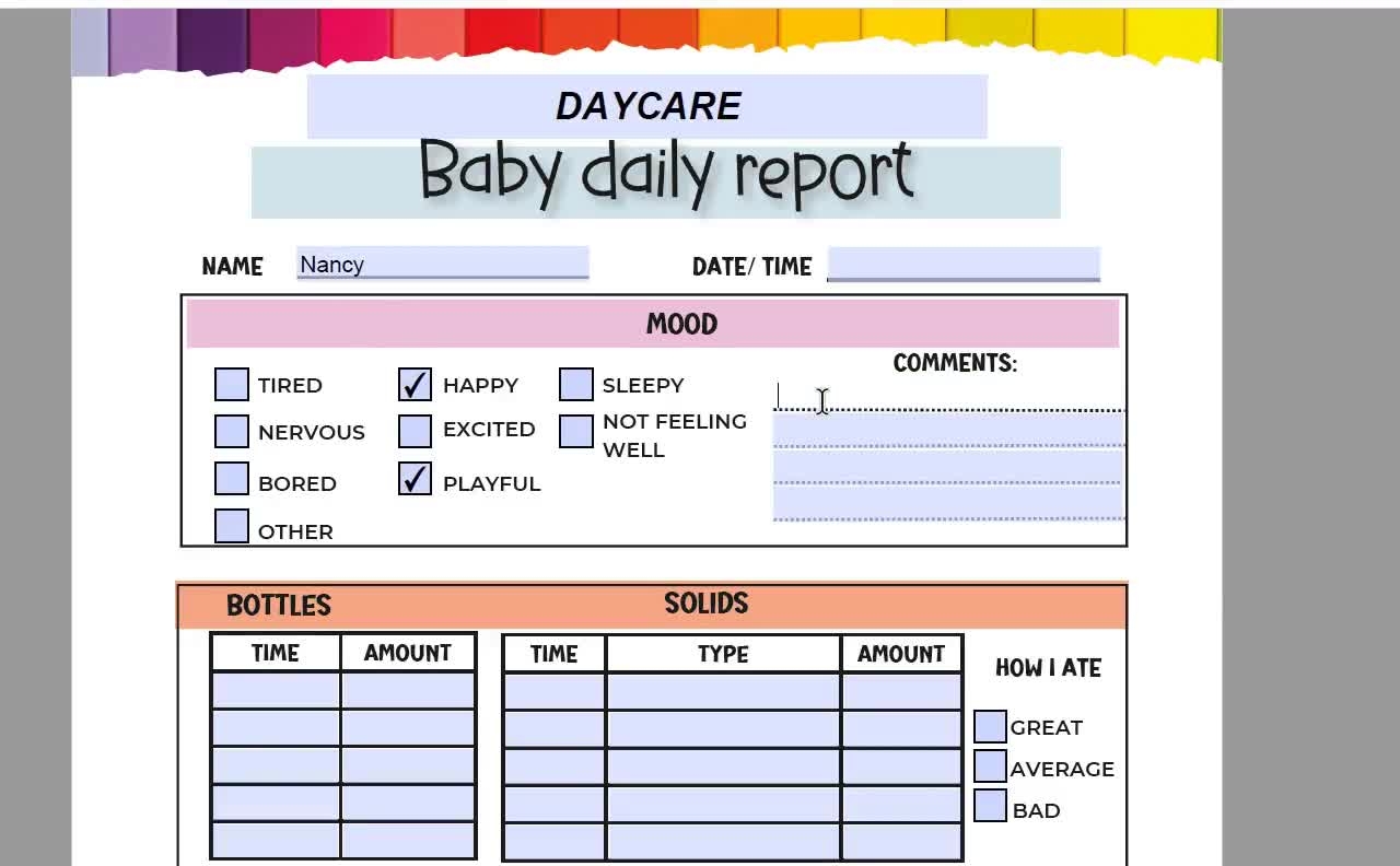 Daycare Baby Daily Report Fillable Infant Daily Log Baby Report Sheet Etsy