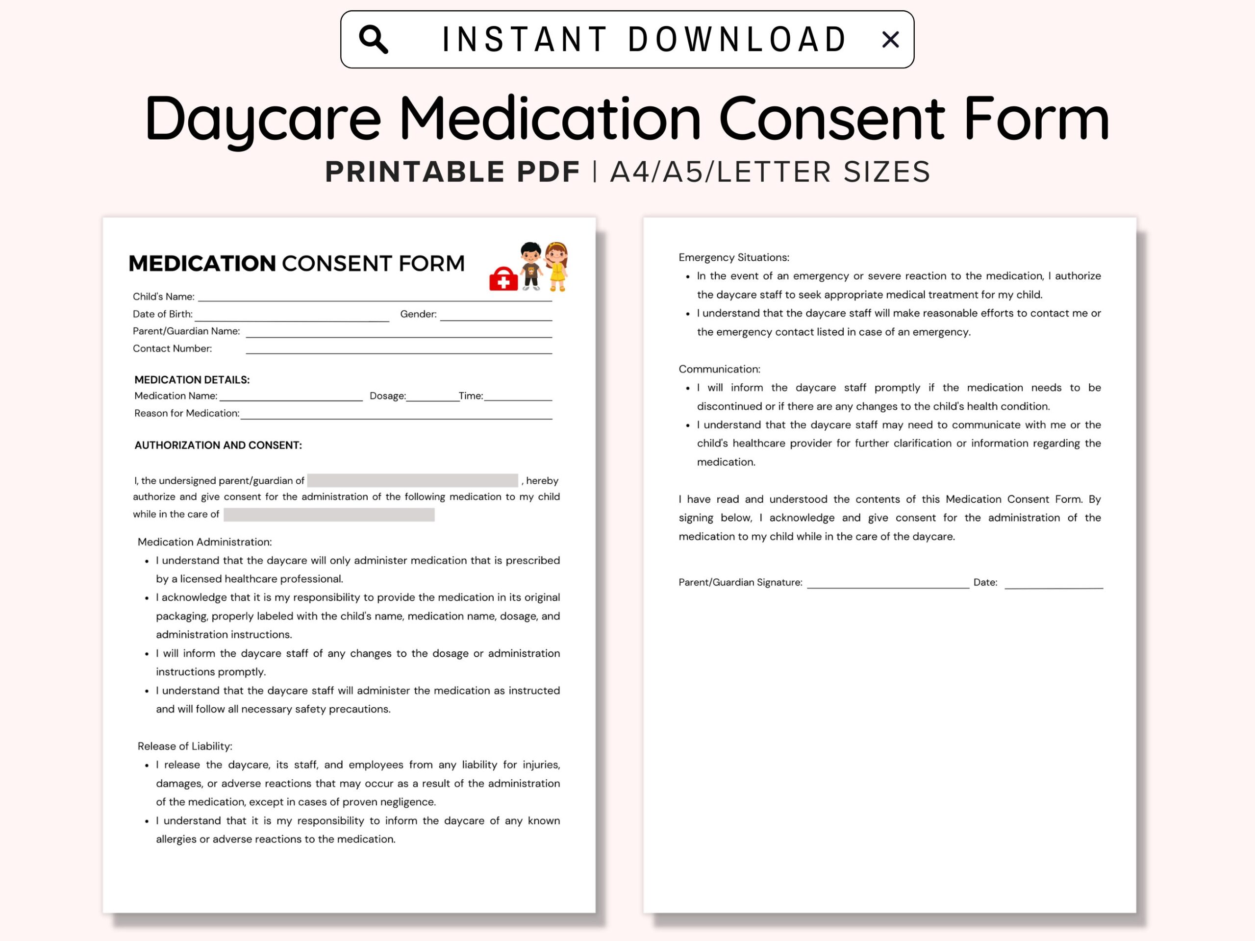 Daycare Medication Forms Medication Authorization Form Medication Log Customizable On Canva Perfect For Daycare Preschool Childcare Etsy
