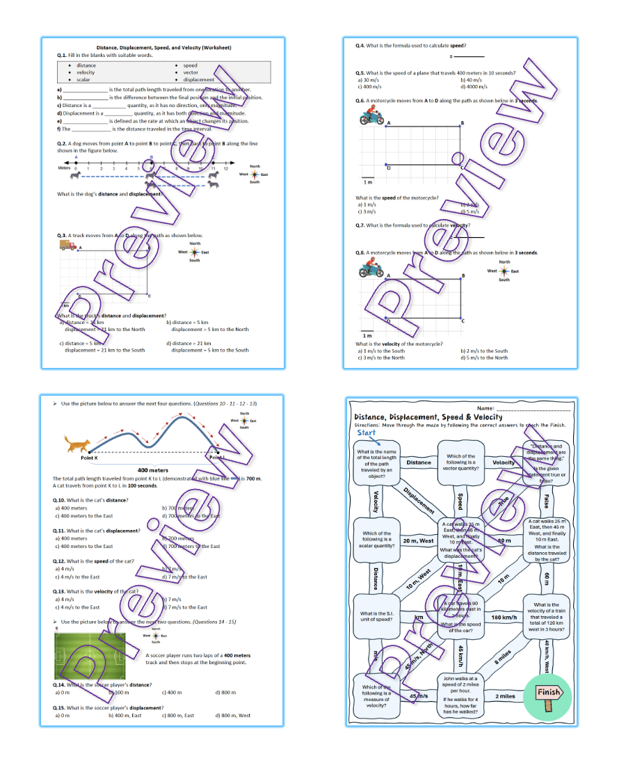 Distance Displacement Speed And Velocity Worksheet Printable And Distance Learning Teaching Resources