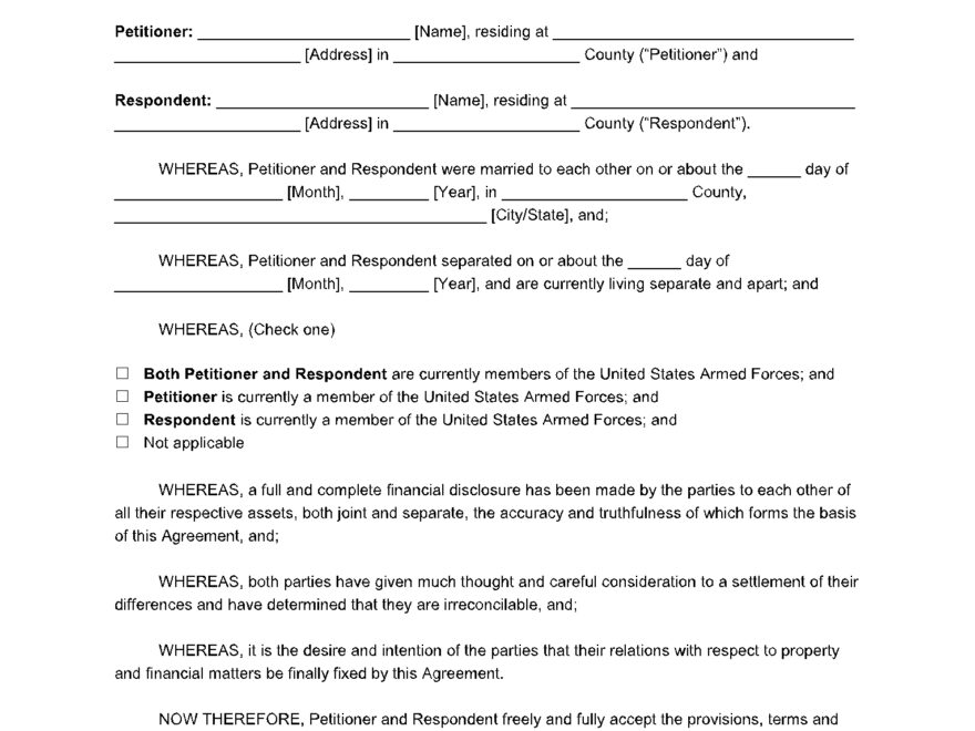 Divorce Settlement Agreement Template Free Download