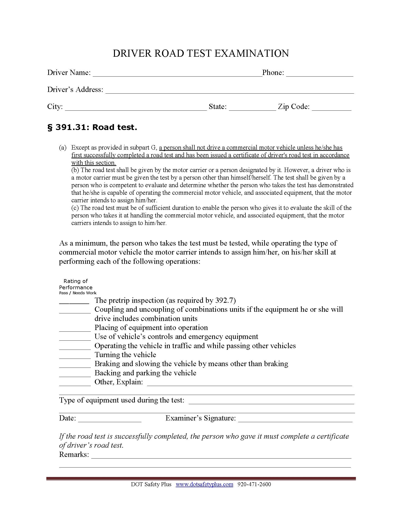 Driver s Road Test Examination DOT Safety Plus