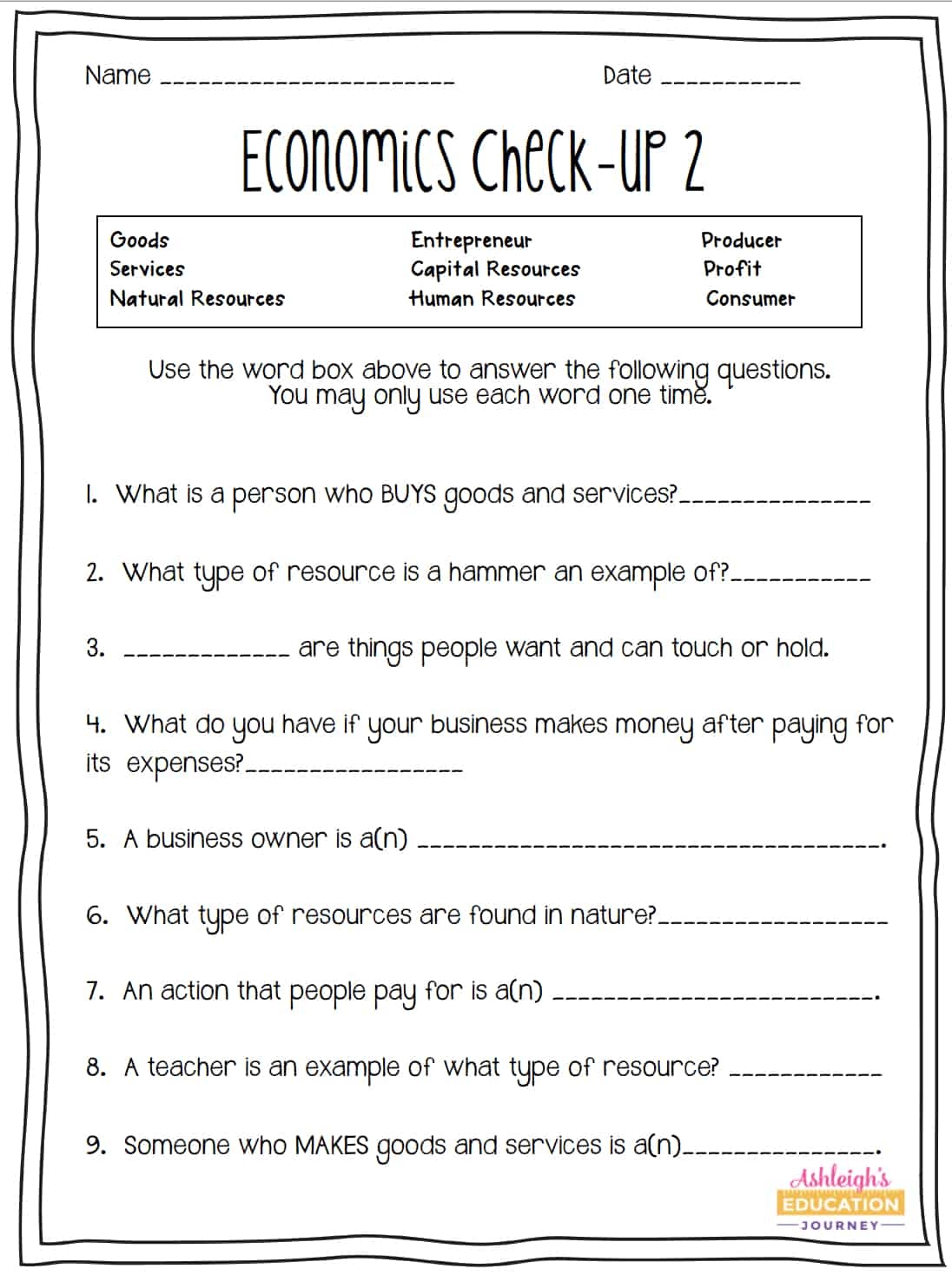 Economics Activities Ashleighs Education Journey Worksheets Library