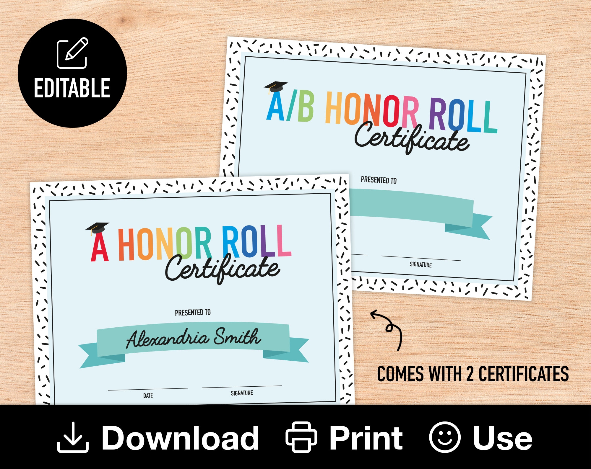 Editable A Honor Roll A B Honor Roll Certificates Printable Class Awards End Of School School Year Customized Awards INSTANT DOWNLOAD Etsy
