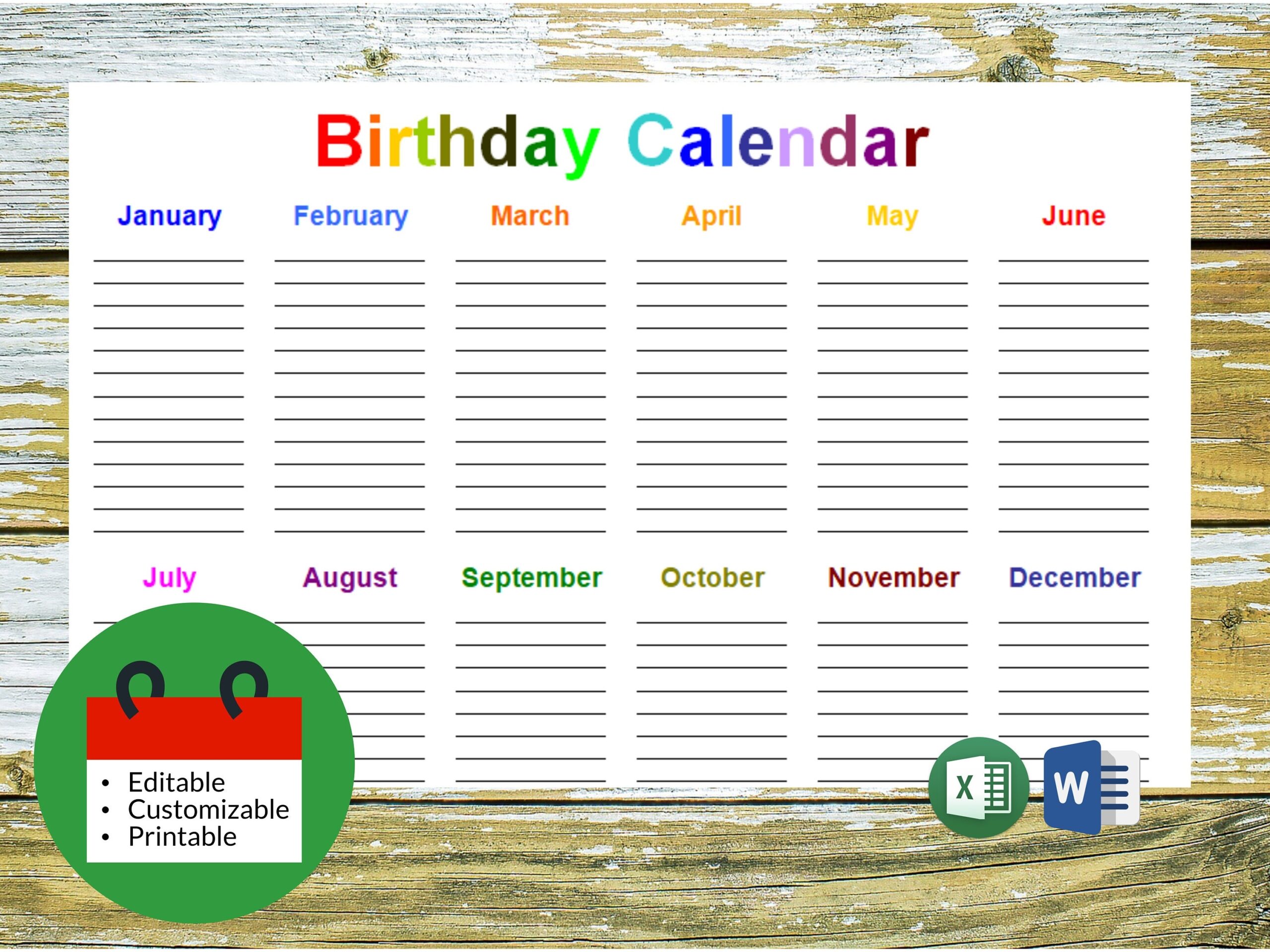 Editable Birthday Calendar Customizable Easily Printable Microsoft Word docx And Excel xlsx Files Digital Download Etsy