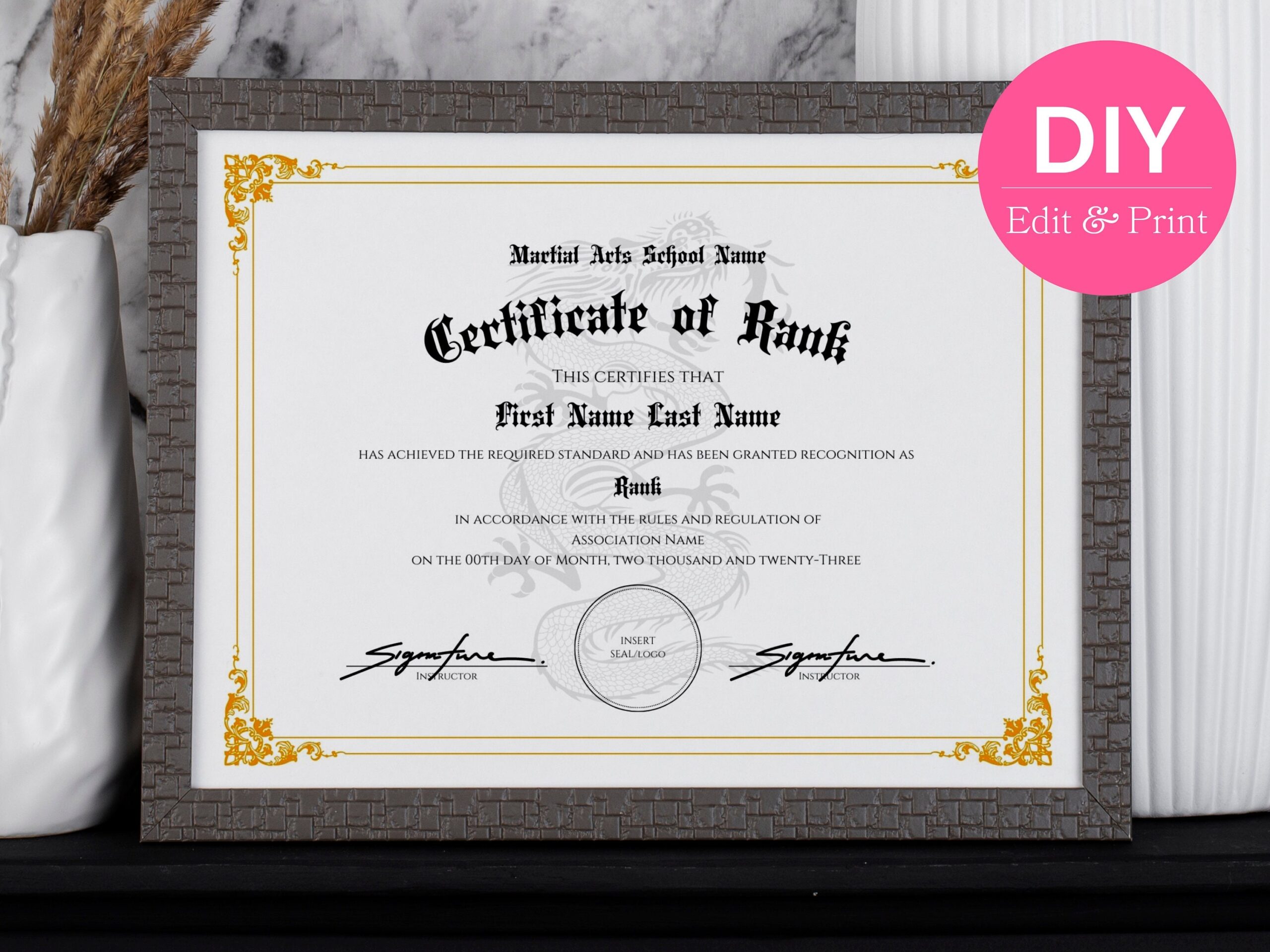 Editable Certificate Of Rank Recognition Dragon Martial Arts Award Printable Canva Template Etsy
