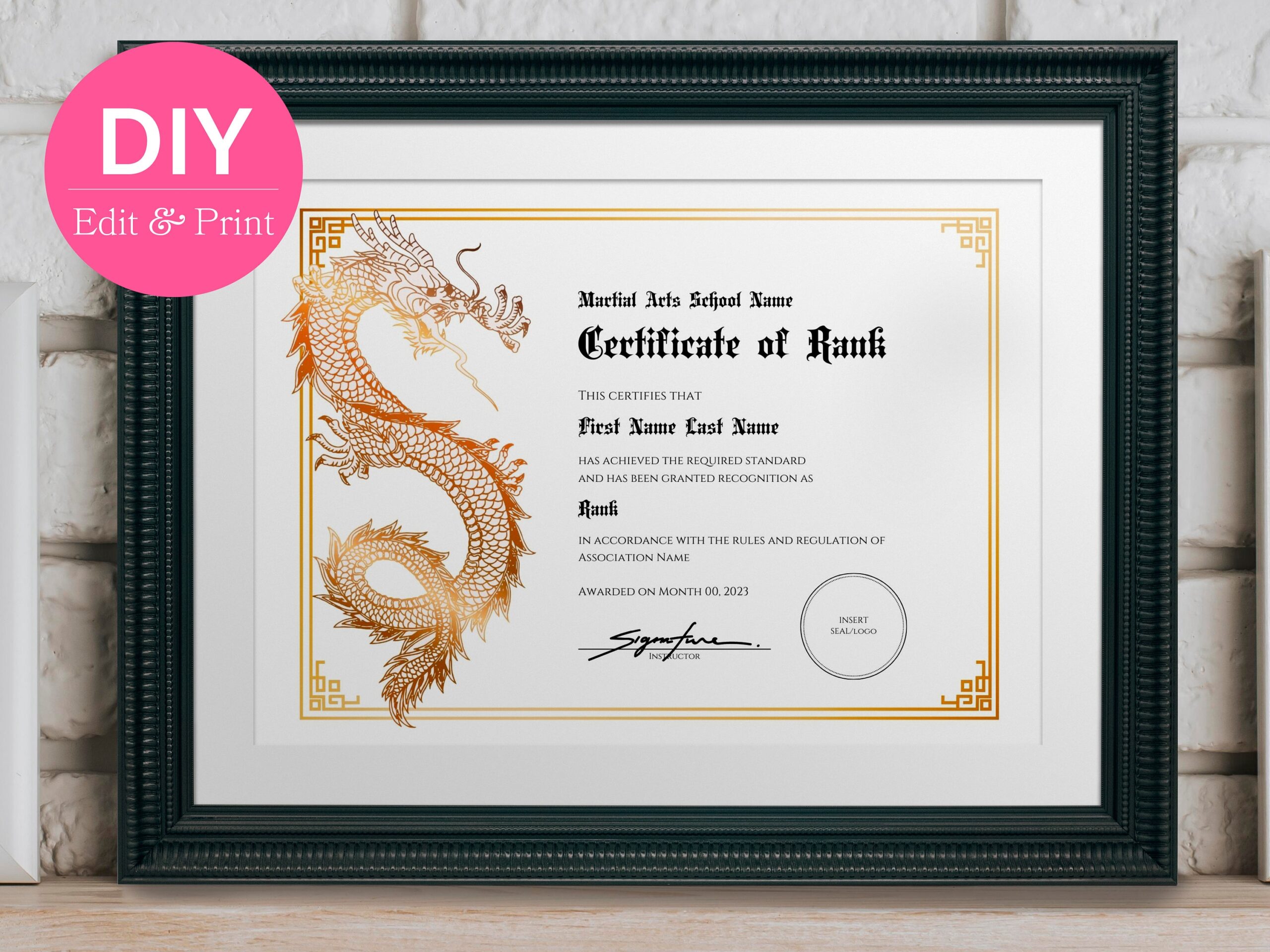 Editable Certificate Of Rank Recognition Faux Gold Dragon Martial Arts Award Printable Canva Template Etsy