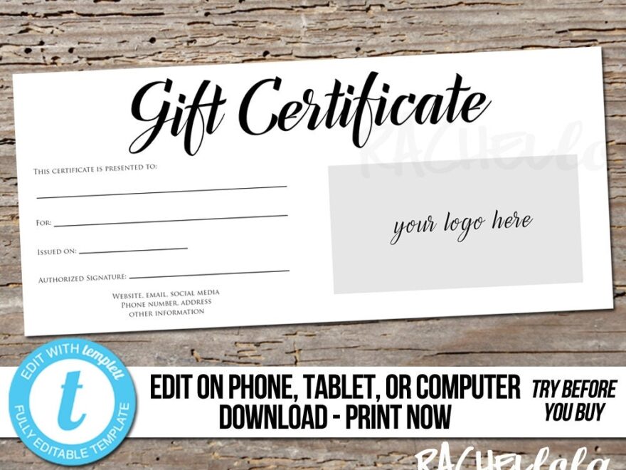 Editable Custom Printable Gift Certificate Template Logo Photography Voucher Hair Salon Restaurant Personalized Instant Download Templett Etsy