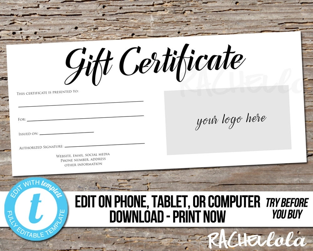 Editable Custom Printable Gift Certificate Template Logo Photography Voucher Hair Salon Restaurant Personalized Instant Download Templett Etsy