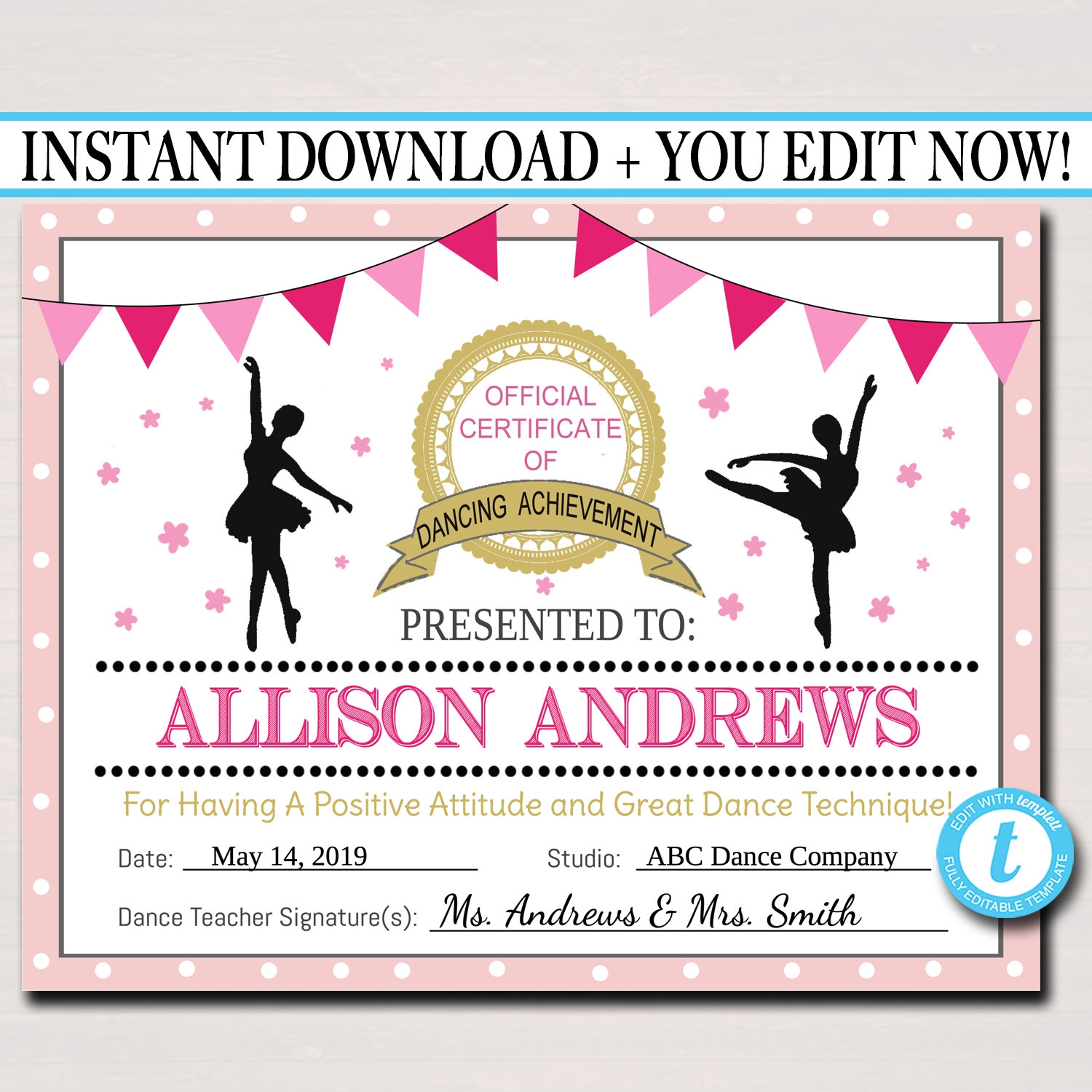 EDITABLE Dancer Certificate INSTANT DOWNLOAD Dancing Award Dancer Printable Participation Award Sports Certificate Dance Recital Award Etsy