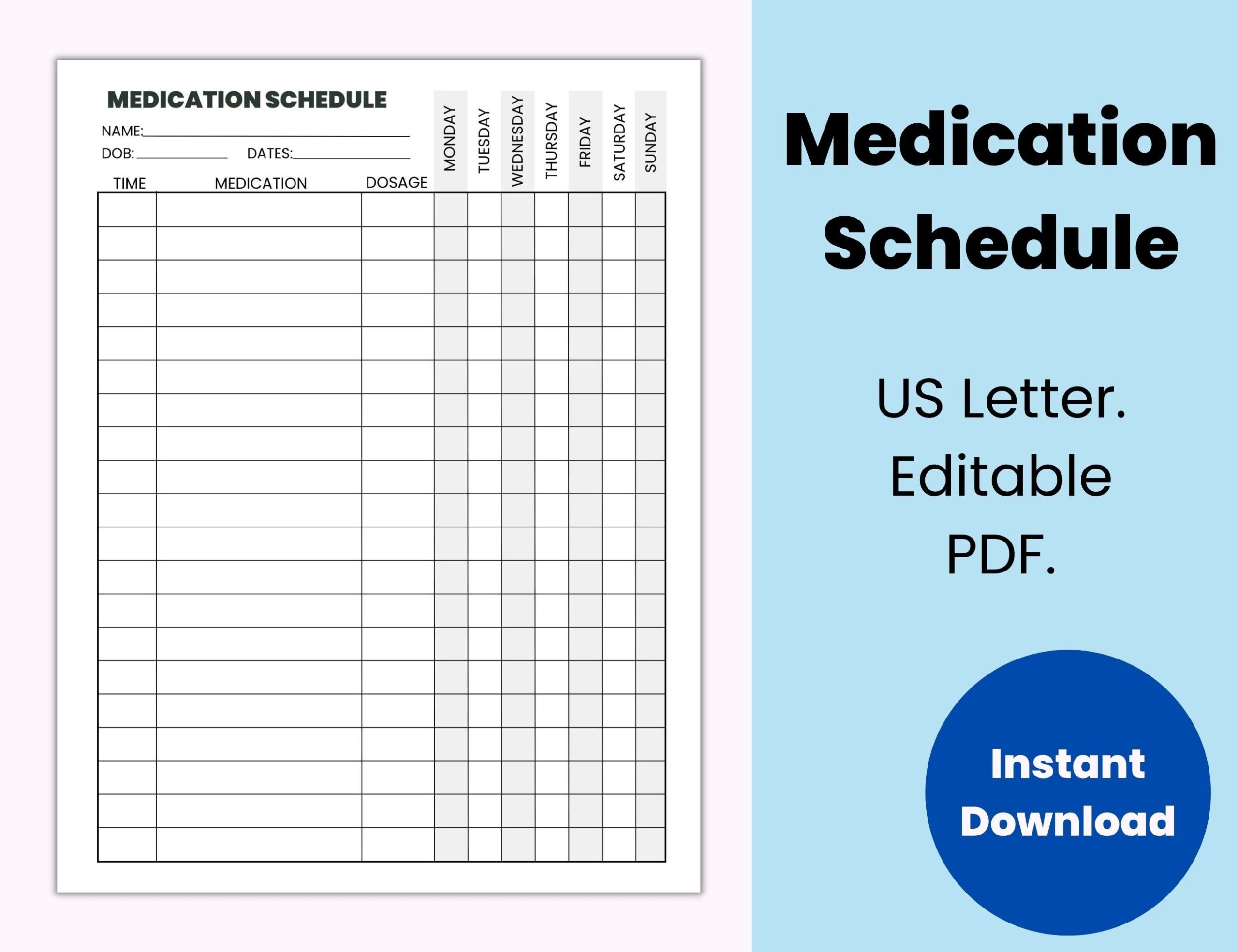 Editable Medication Schedule Medication Tracker Printable Pill Tracker Fillable PDF Etsy