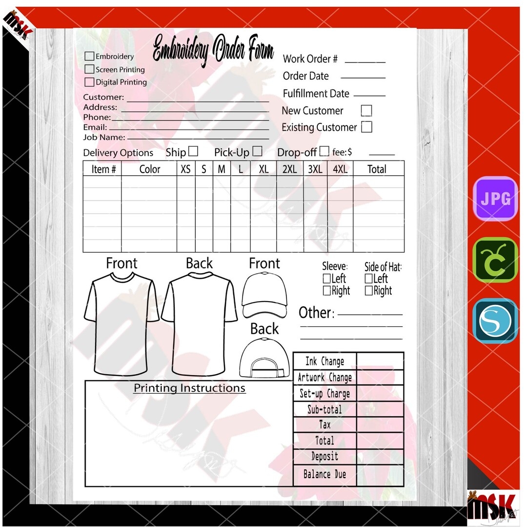 Free Embroidery Order Form Printable